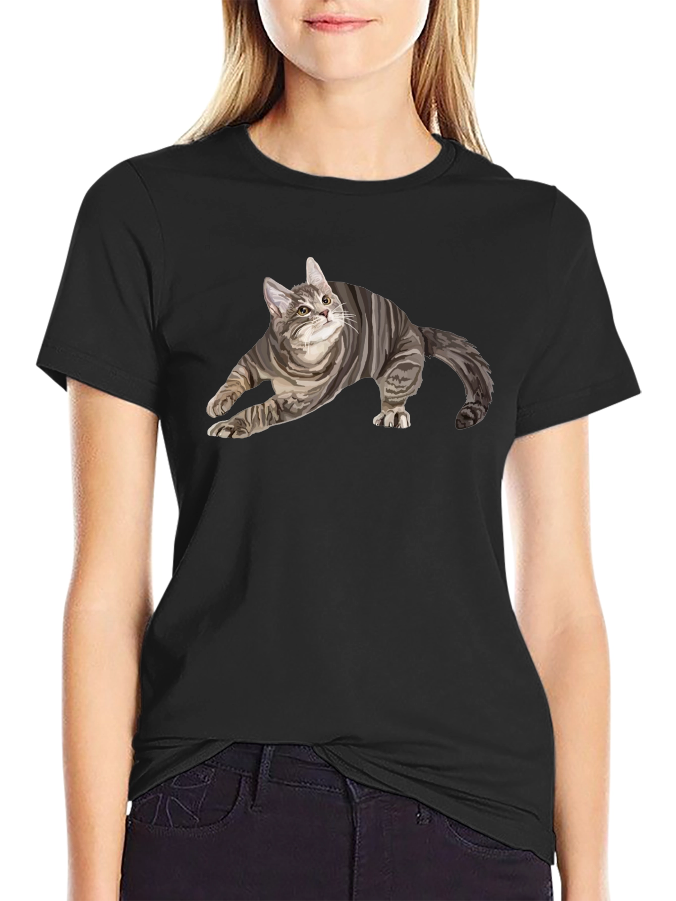 Black Men's Black T-Shirt with Cat Graphic view 2