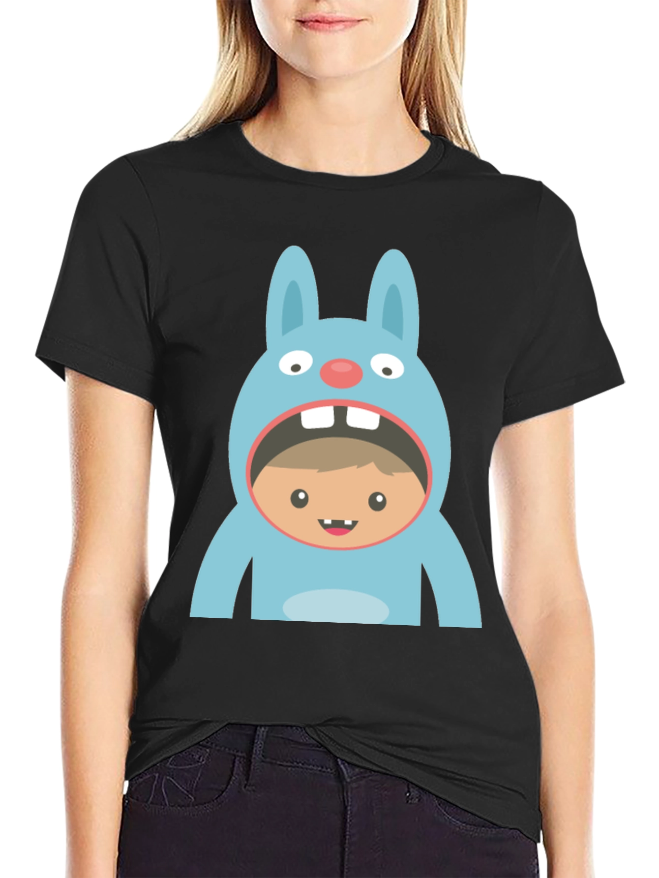 Black Funny Bunny Suit T-Shirt - Black Cotton Tee view 2