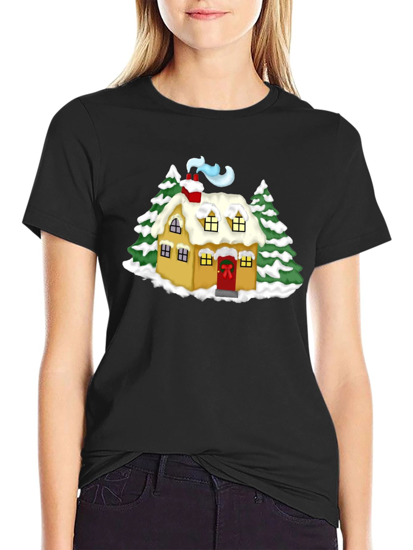 Black Whimsical Winter House Graphic Tee - Black view 2