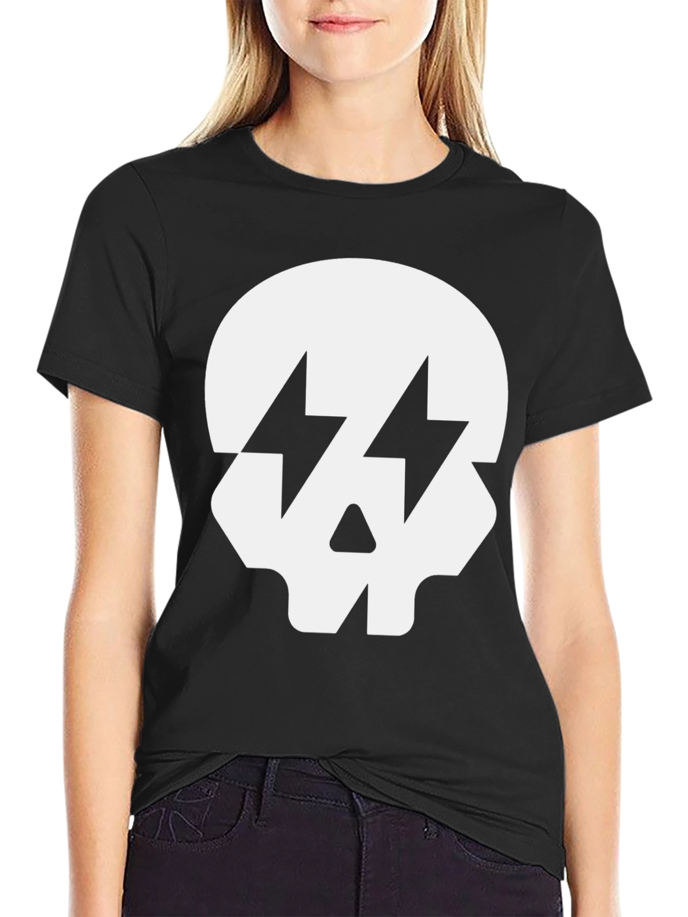 Black Skull with Lightning Bolt Eyes Black T-Shirt view 2
