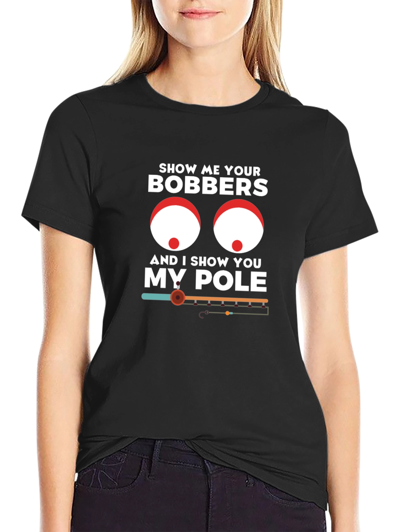 Black Show Me Your Bobbers Funny Fishing T-Shirt view 2
