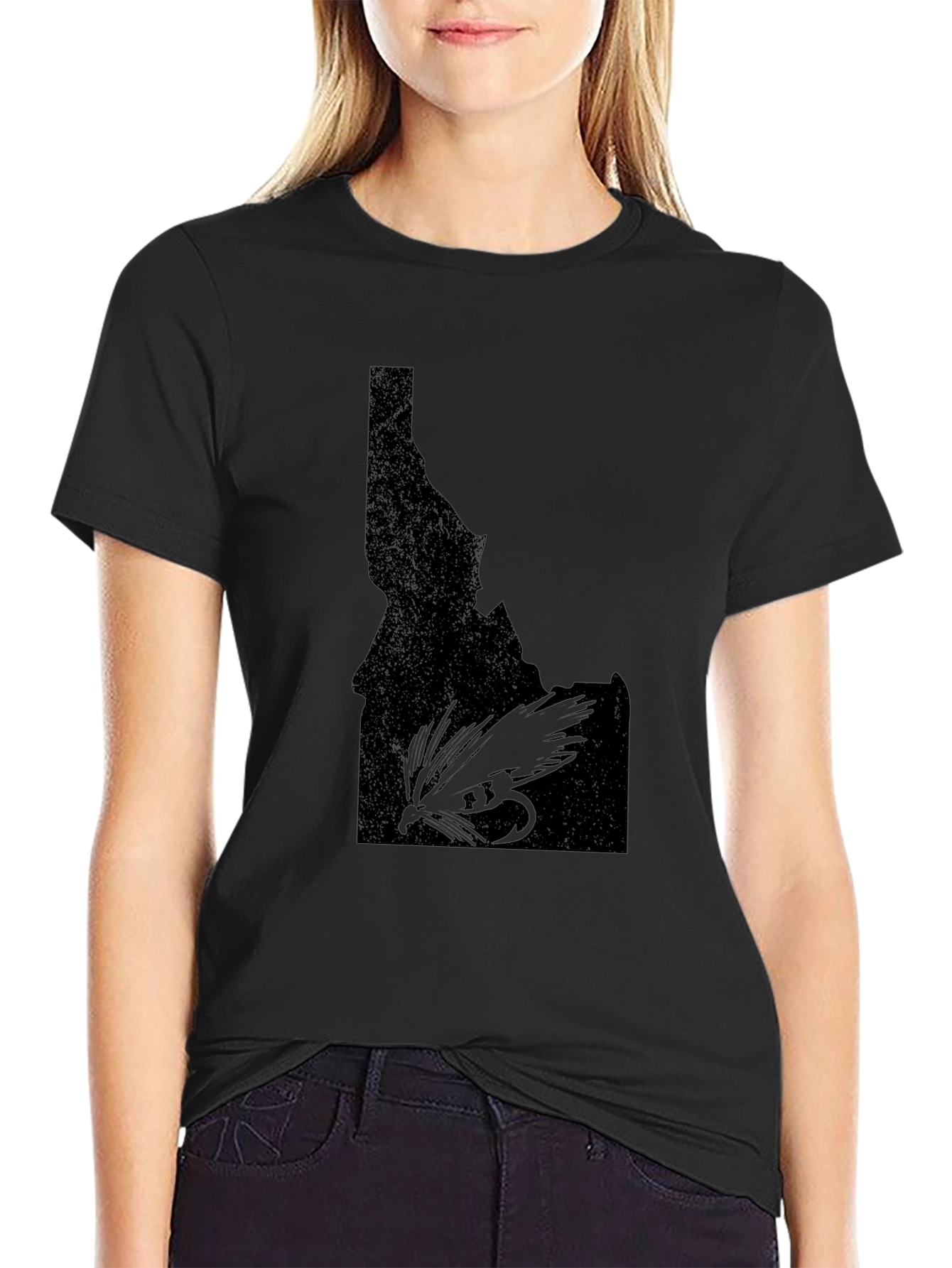 Black Idaho Fly Fishing T-Shirt - Black State Outline Tee view 2