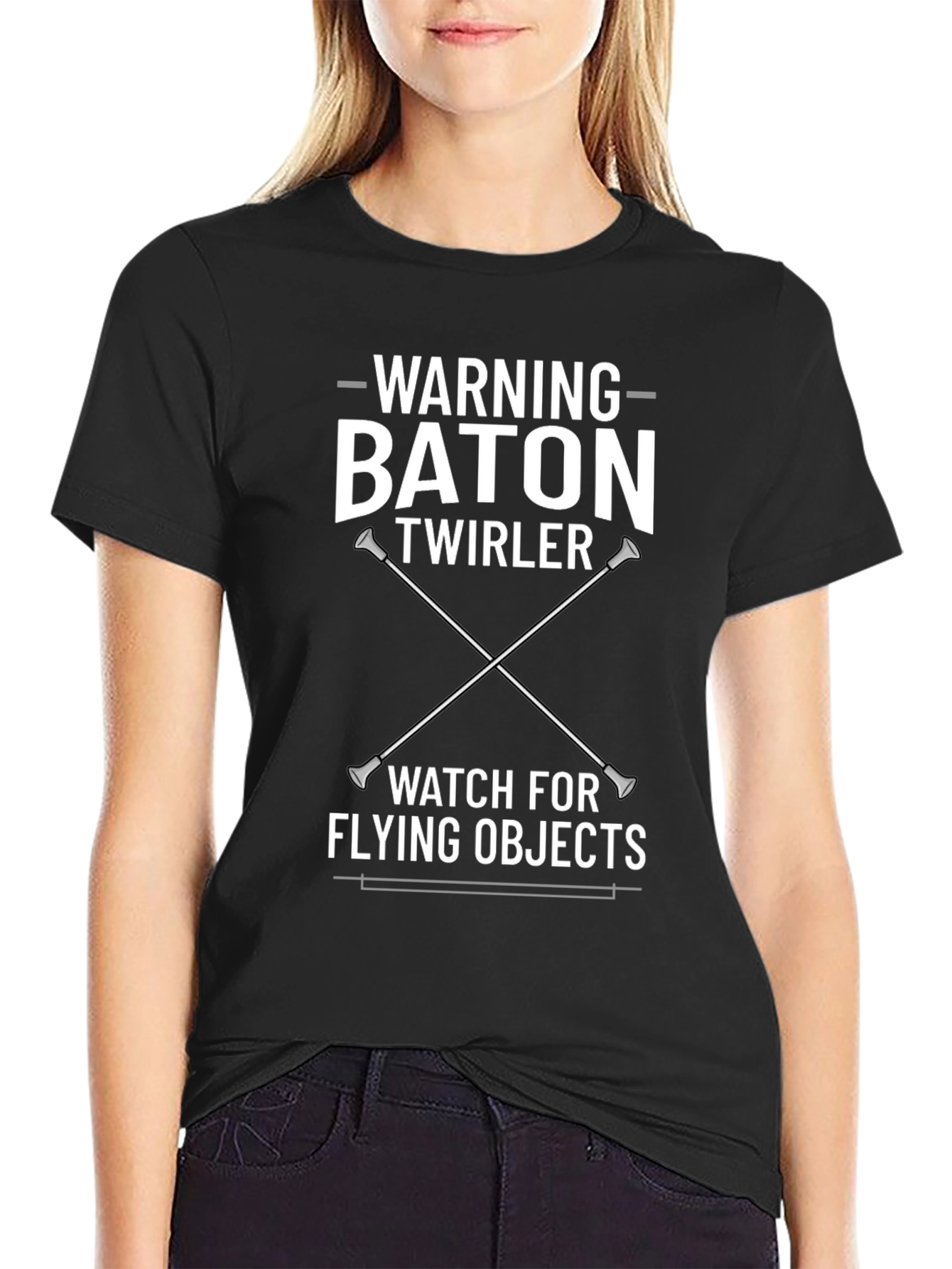 Black Warning Baton Twirler T-Shirt - Watch for Flying Objects view 2