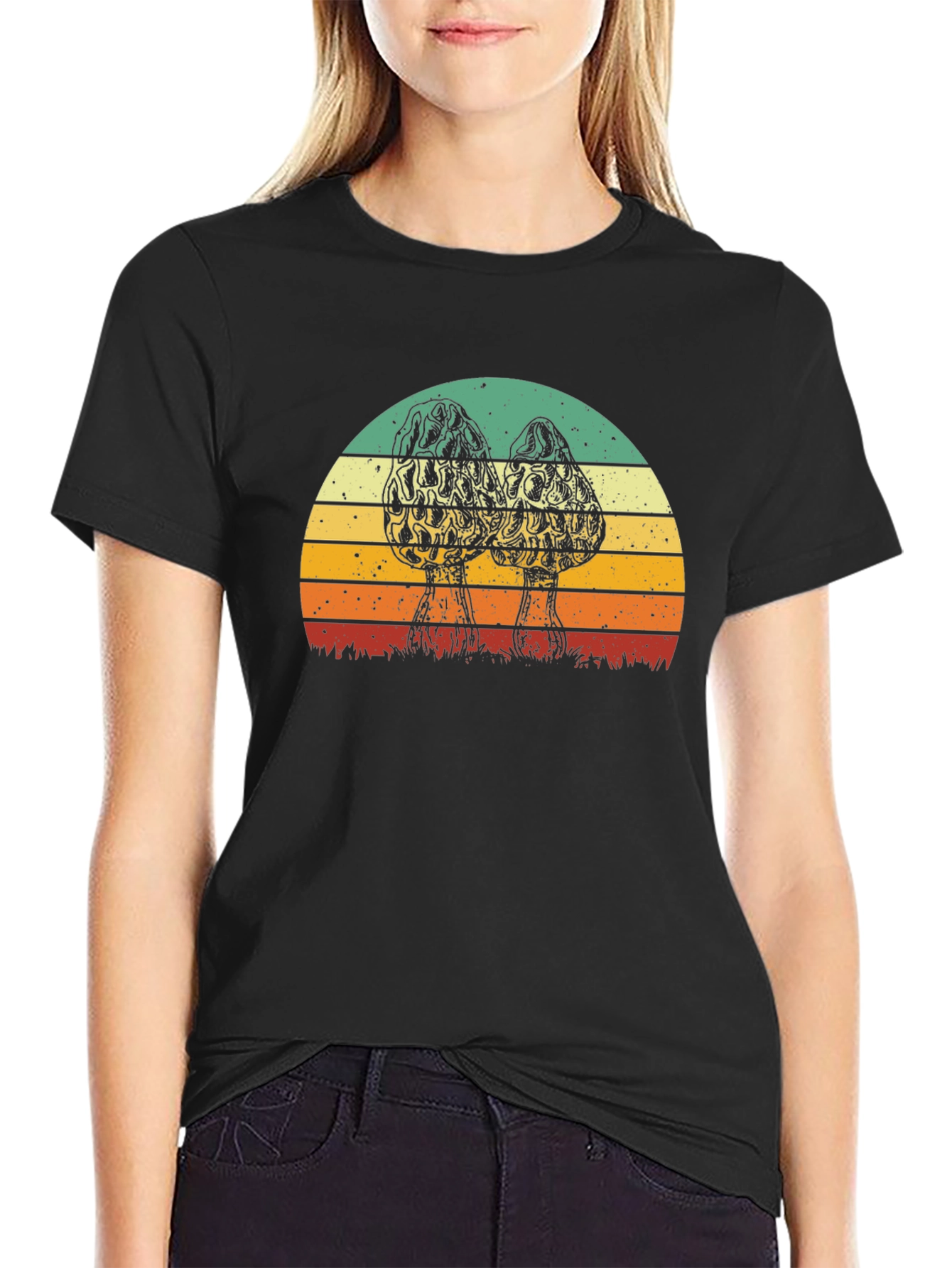 Black Vintage Morel Mushroom Sunset Graphic T-Shirt view 2