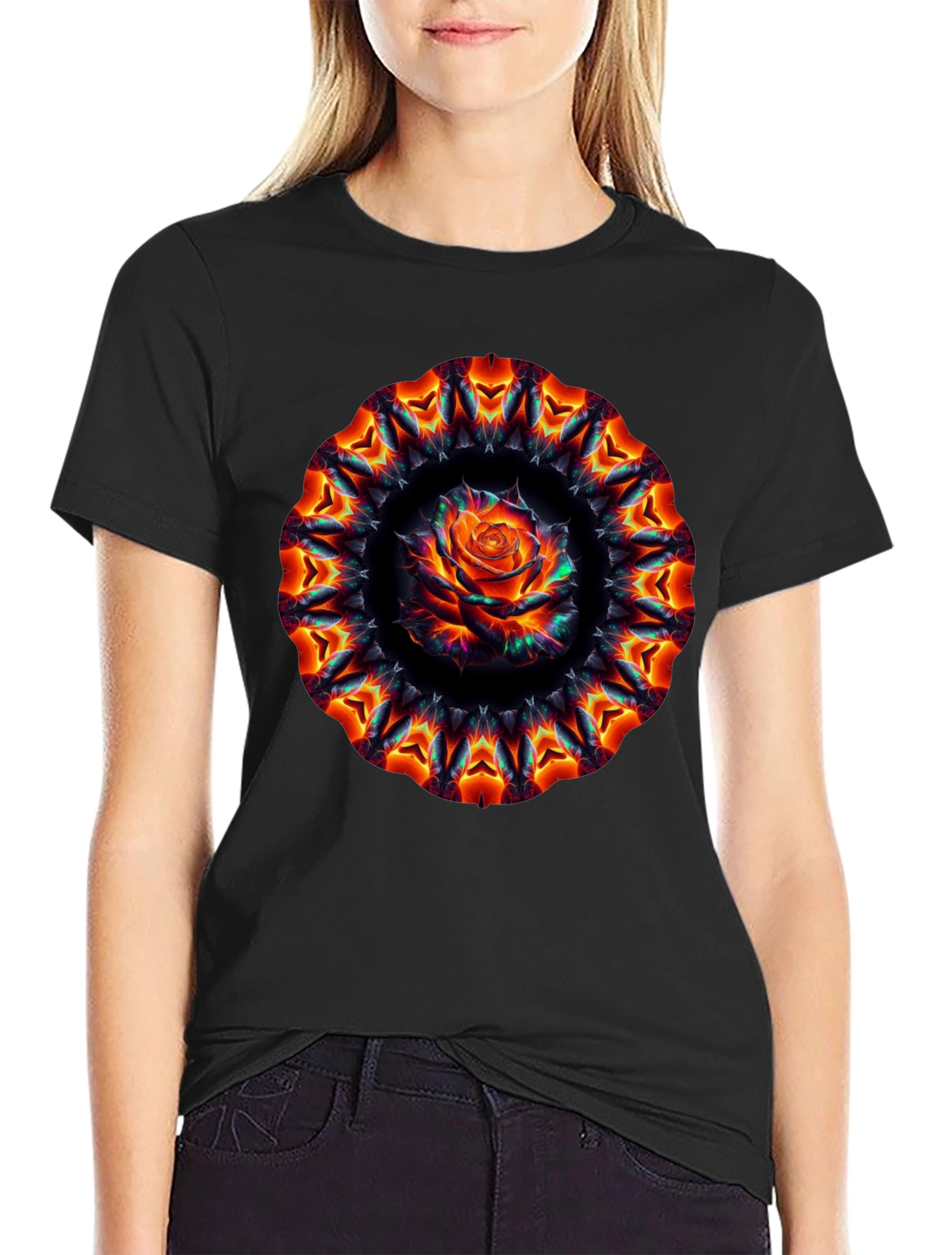 Black Fiery Rose Mandala Black T-Shirt view 2
