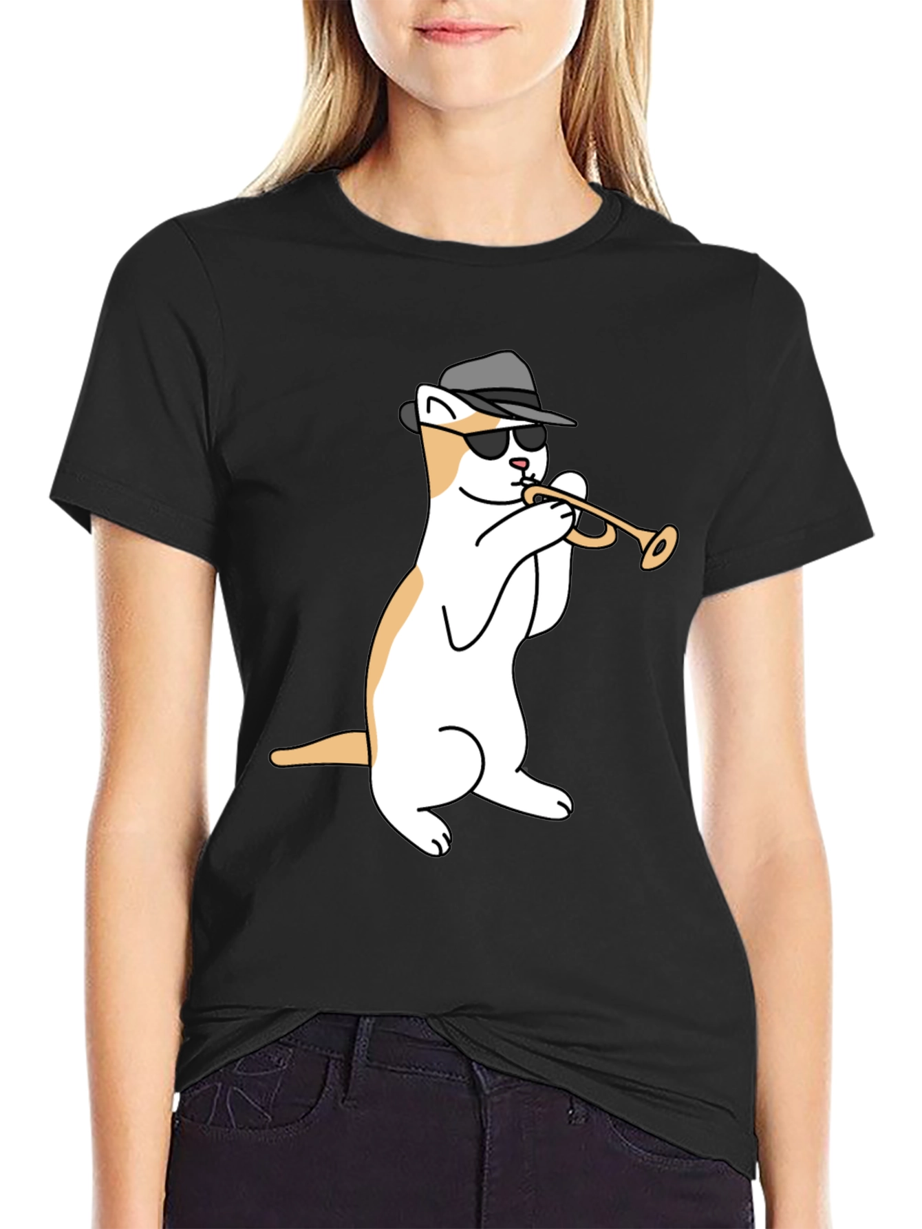 Black Cool Cat Trumpet Black T-Shirt view 2