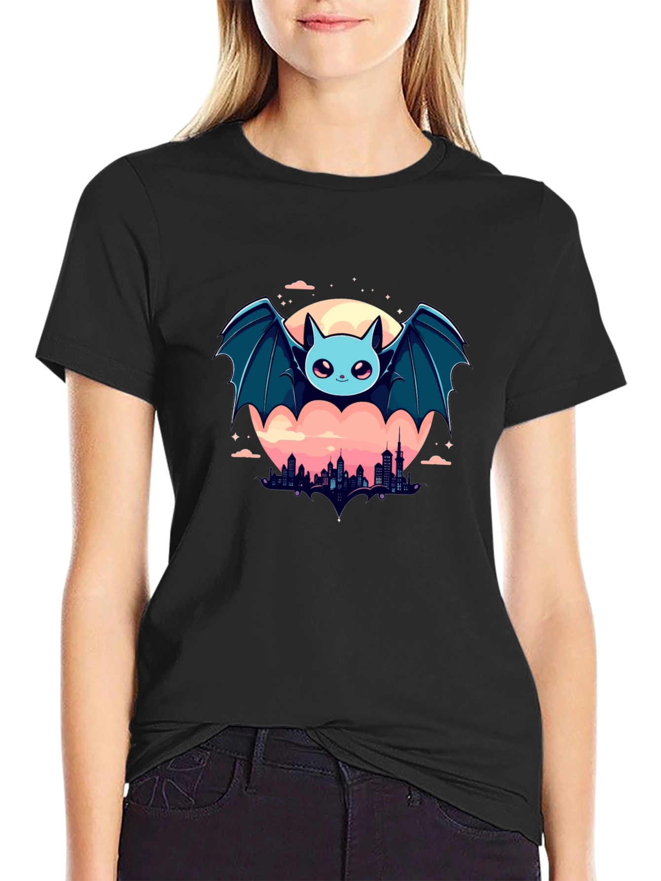 Black Cute Bat Over City Graphic Tee view 2
