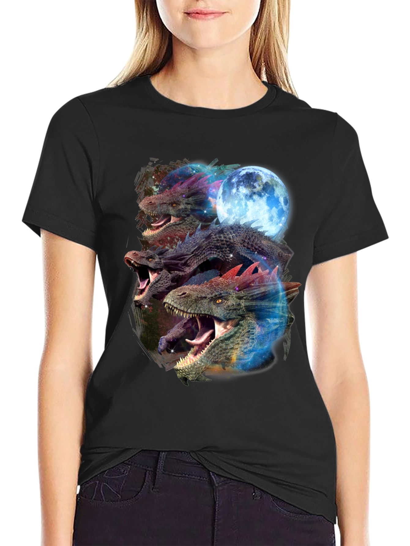 Black Dragon Trio Moon Black T-Shirt Graphic Print view 2