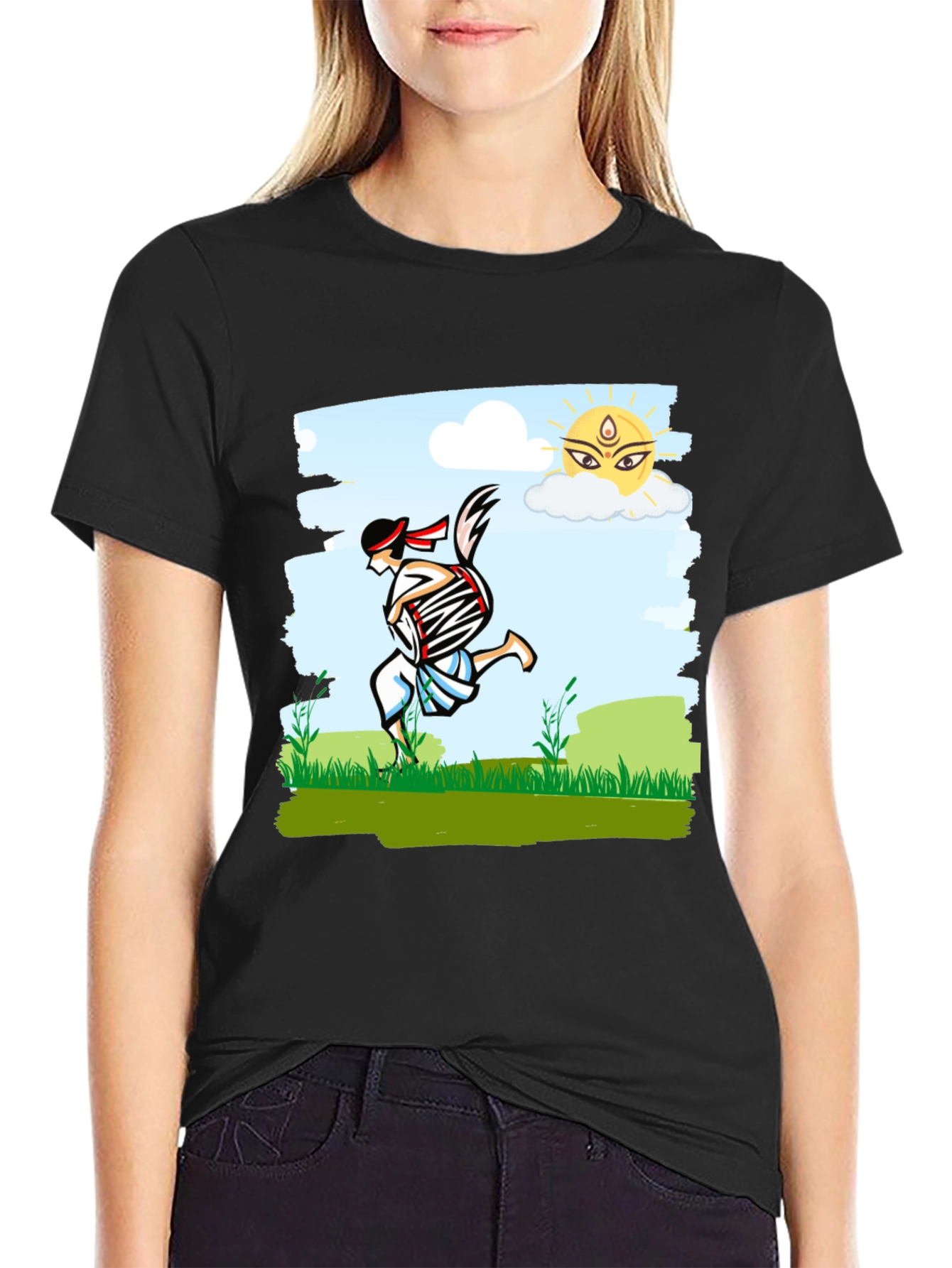 Black Bengali Drummer T-Shirt - Festive Indian Art Design view 2