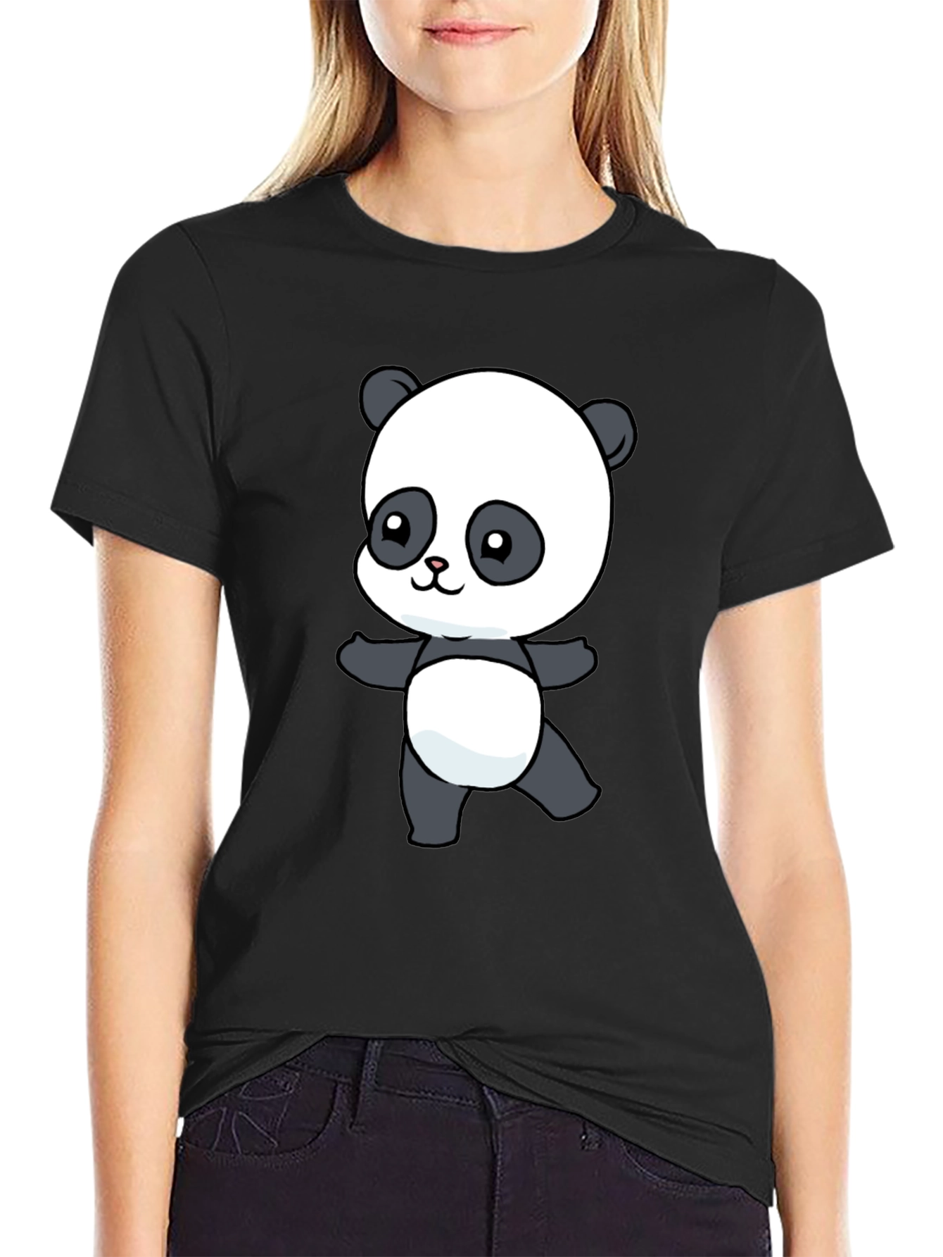 Black Cute Panda Bear Graphic T-Shirt view 2