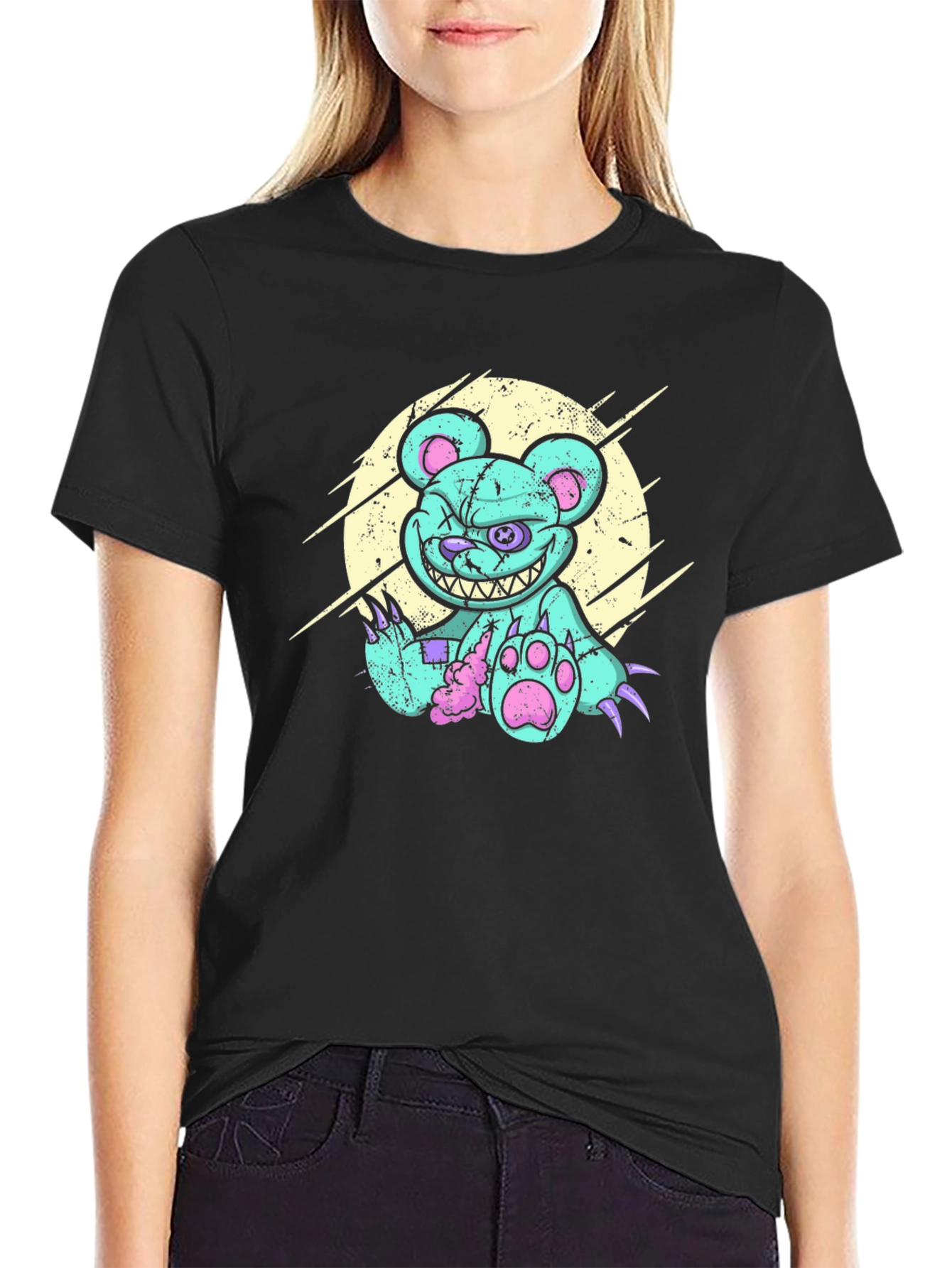 Black Scary Bear Graphic T-Shirt view 2