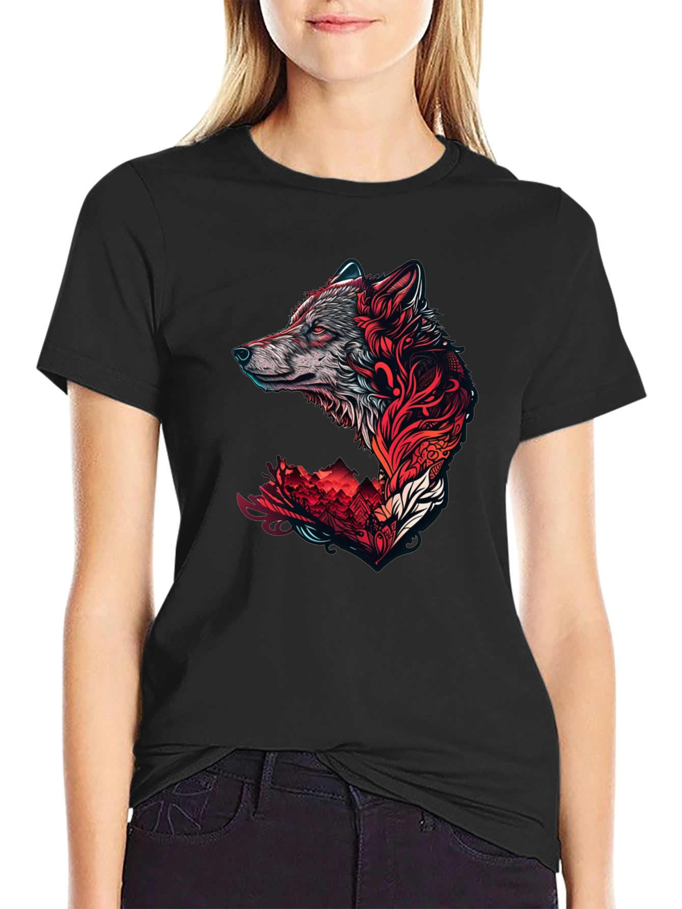 Black Wolf Graphic Print Crew Neck Tee - Black view 2