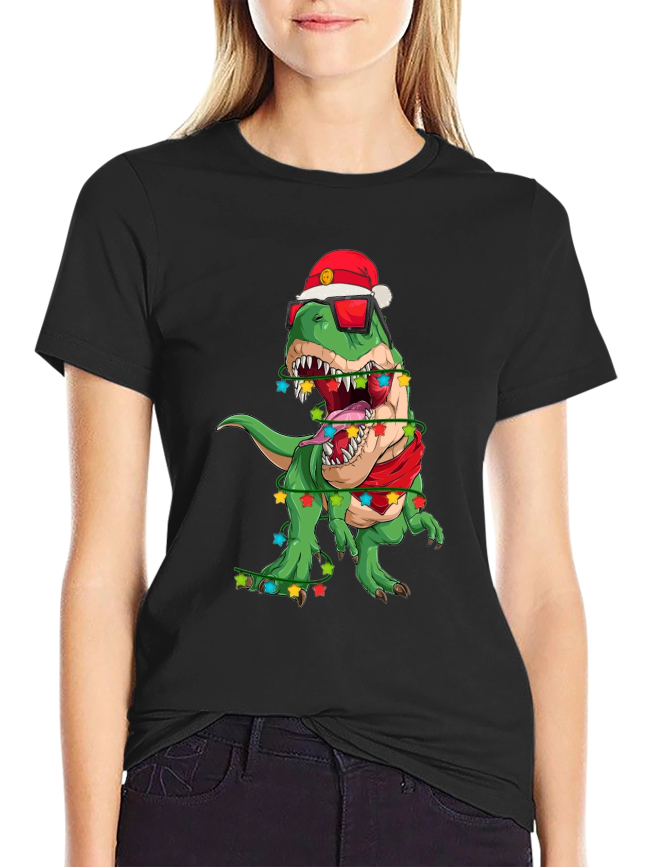 Black Festive Dinosaur T-Shirt: Holiday T-Rex in Santa Hat view 2