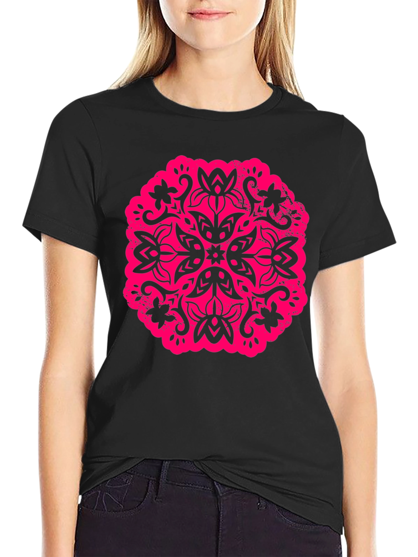 Black Black T-Shirt with Floral Mandala Graphic view 2