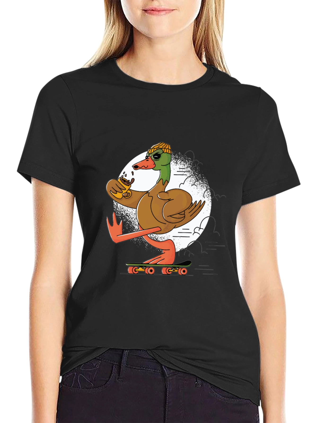 Black Skateboarding Duck T-Shirt: Cool Coffee Drinking Bird view 2