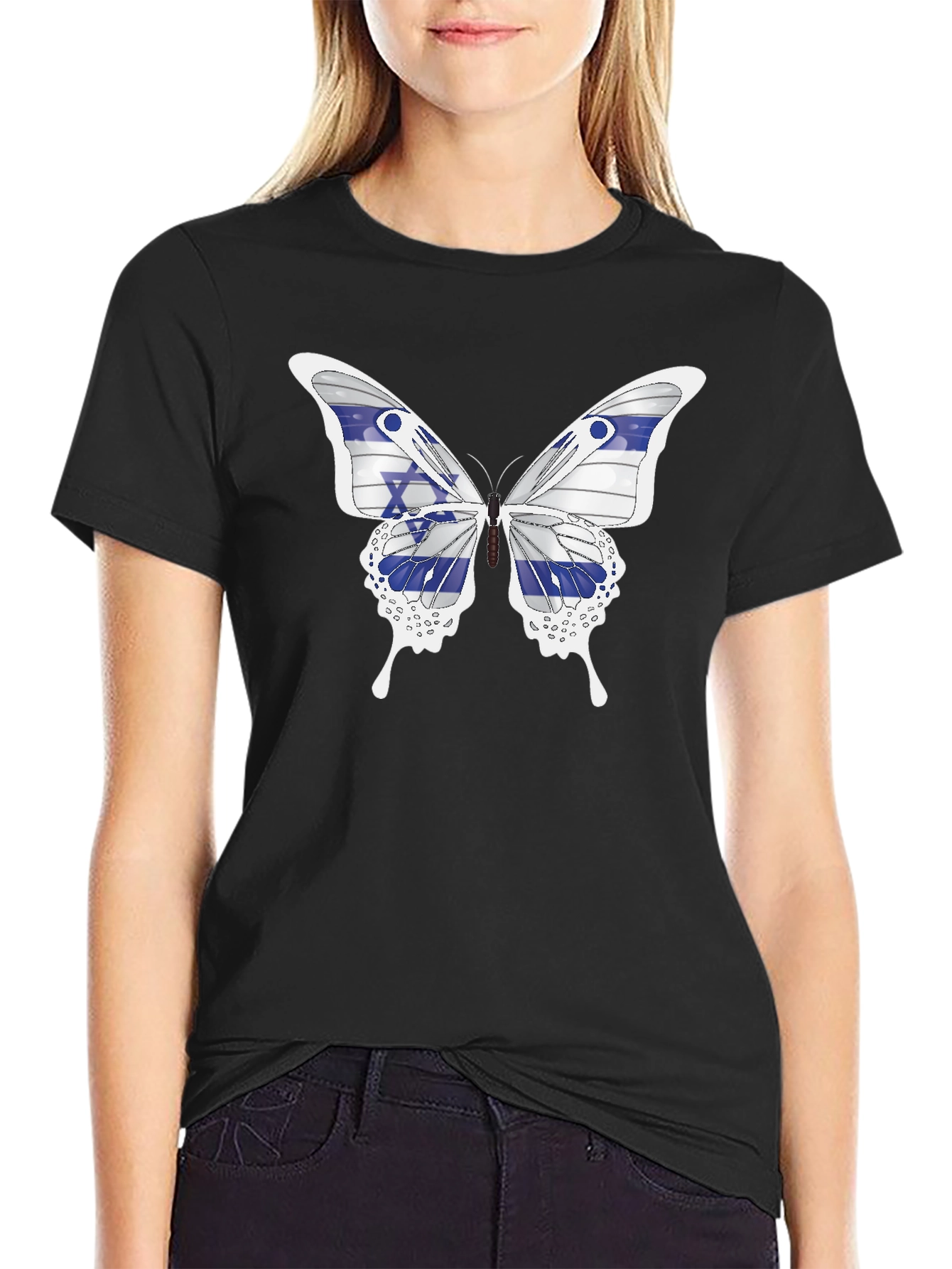 Black Israeli Flag Butterfly Graphic T-Shirt view 2