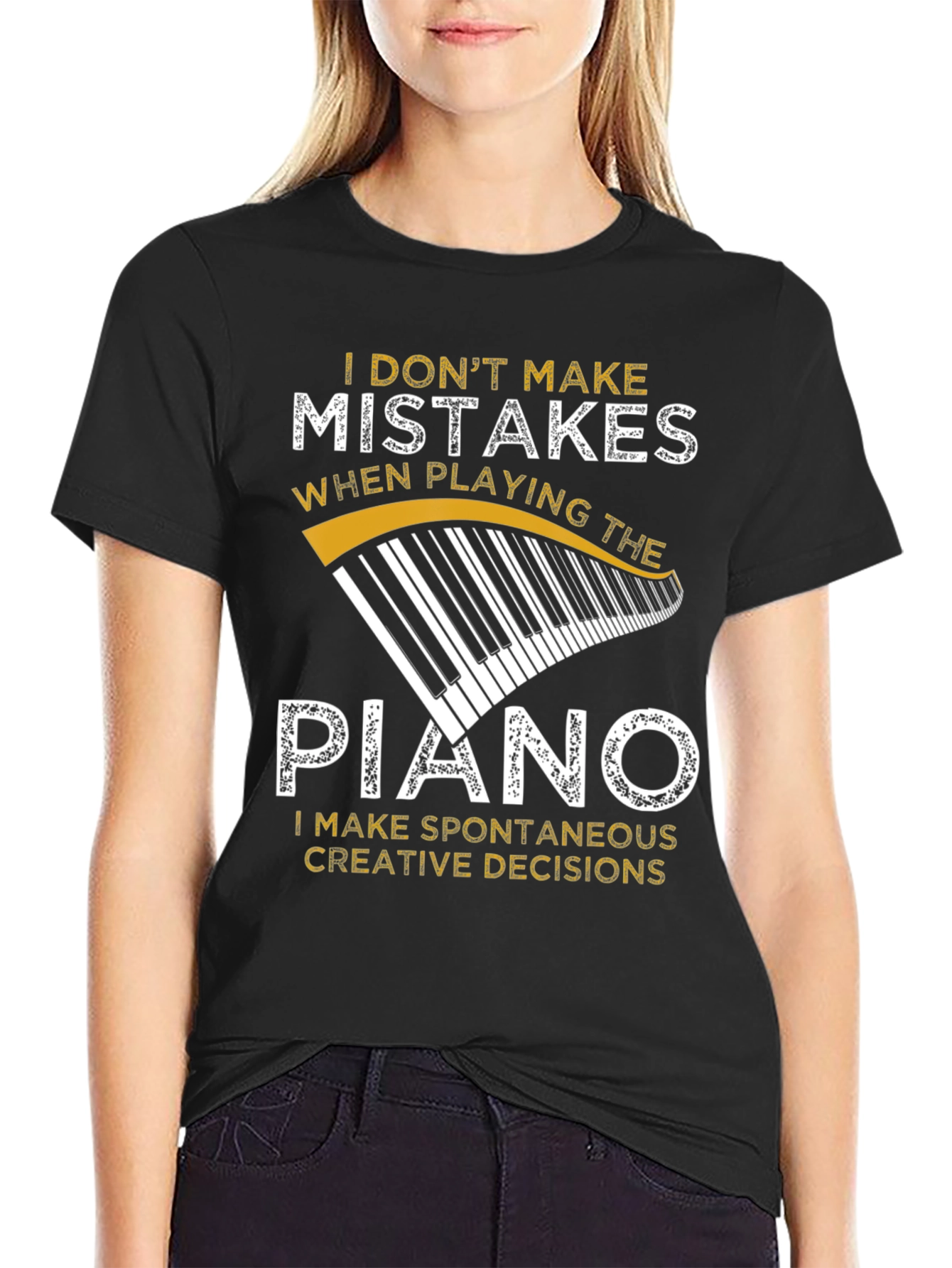 Black Funny Piano Player T-Shirt - No Mistakes, Only Creative Decisions view 2