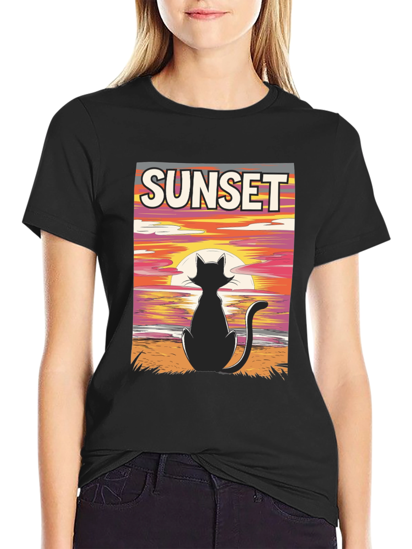 Black Sunset Cat Graphic T-Shirt - Black view 2