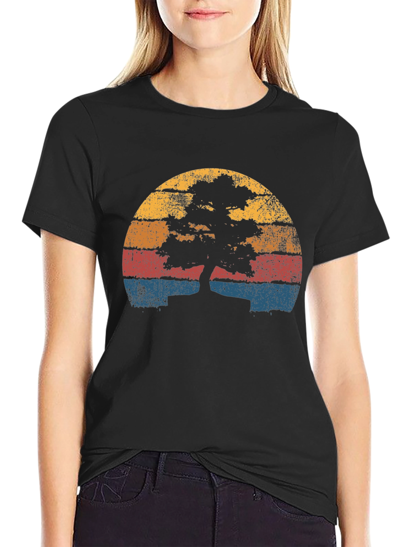 Black Retro Bonsai Tree Sunset T-Shirt view 2