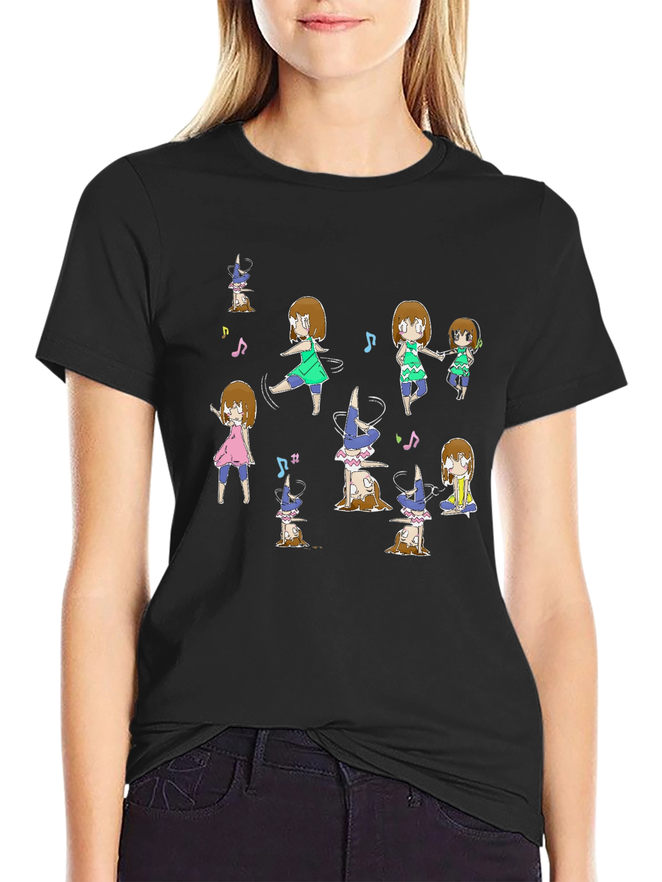 Black Fun Dancing Anime Character Graphic Black Tee view 2