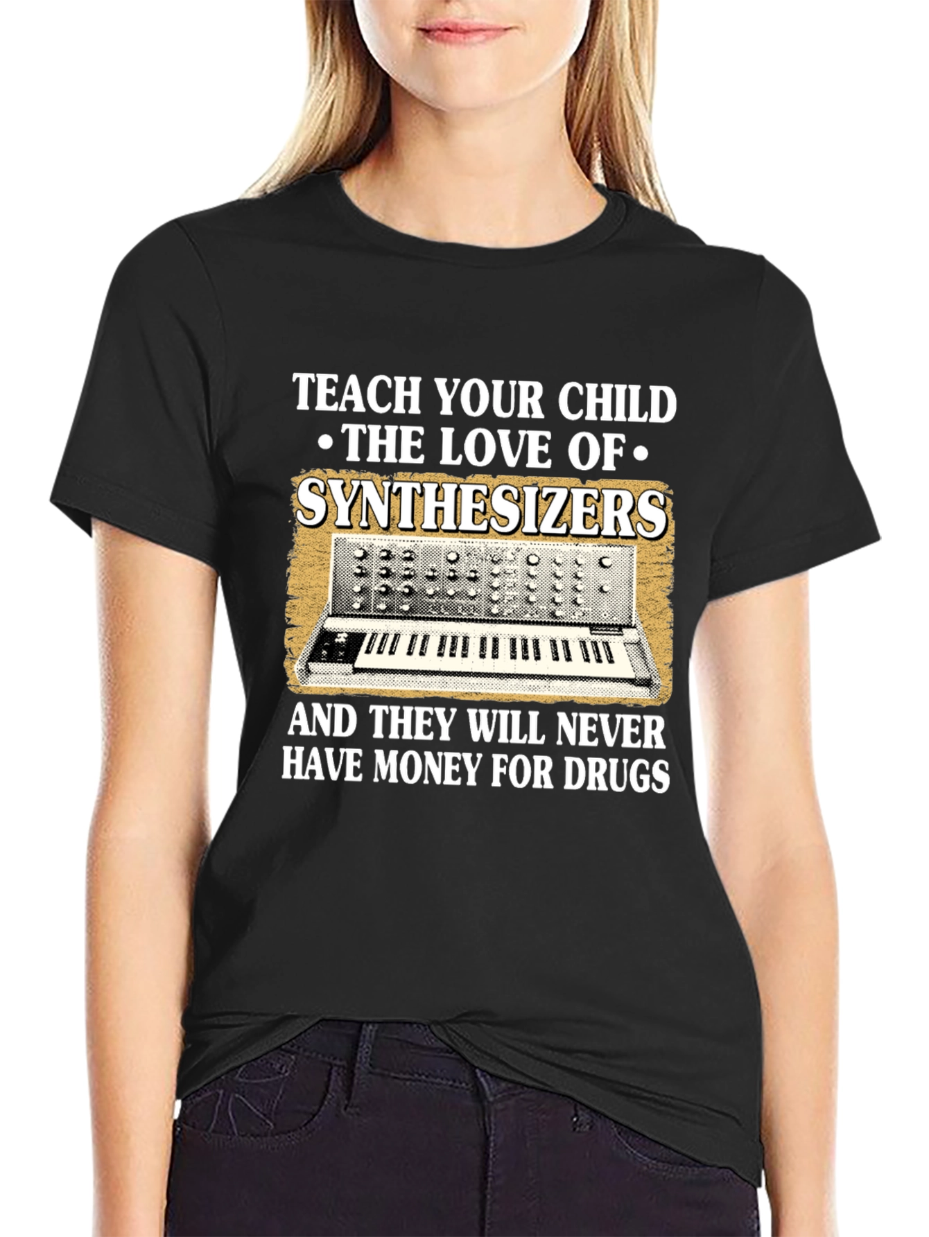 Black Teach Your Child Synthesizers Graphic Tee view 2