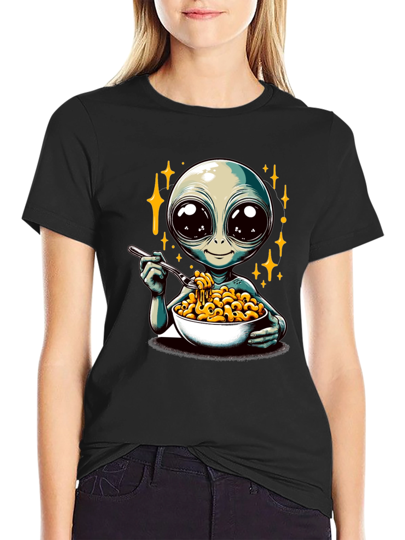 Black Alien Eating Mac & Cheese Graphic T-Shirt view 2