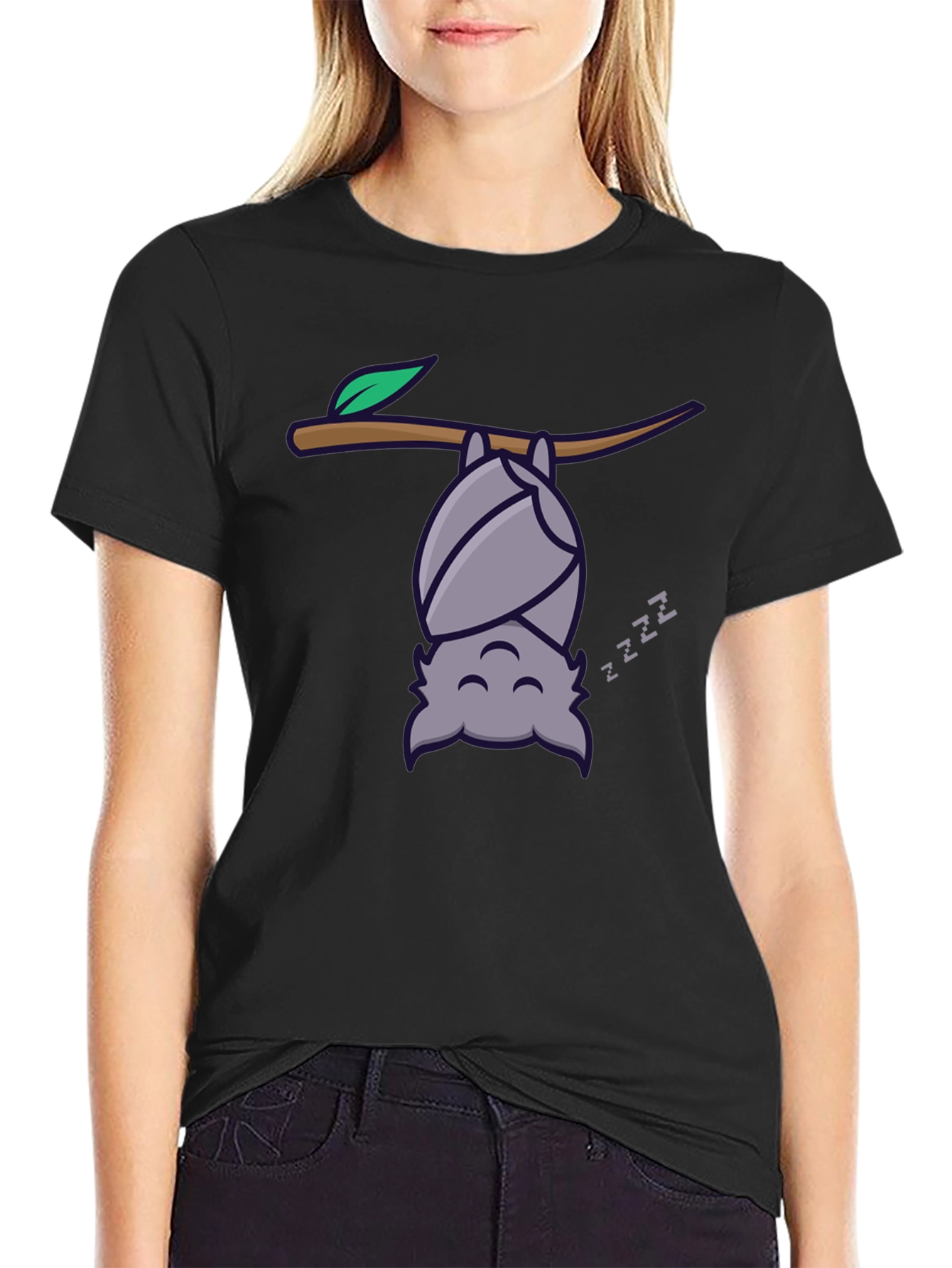 Black Cute Bat Sleeping T-Shirt - Funny Cartoon Tee view 2