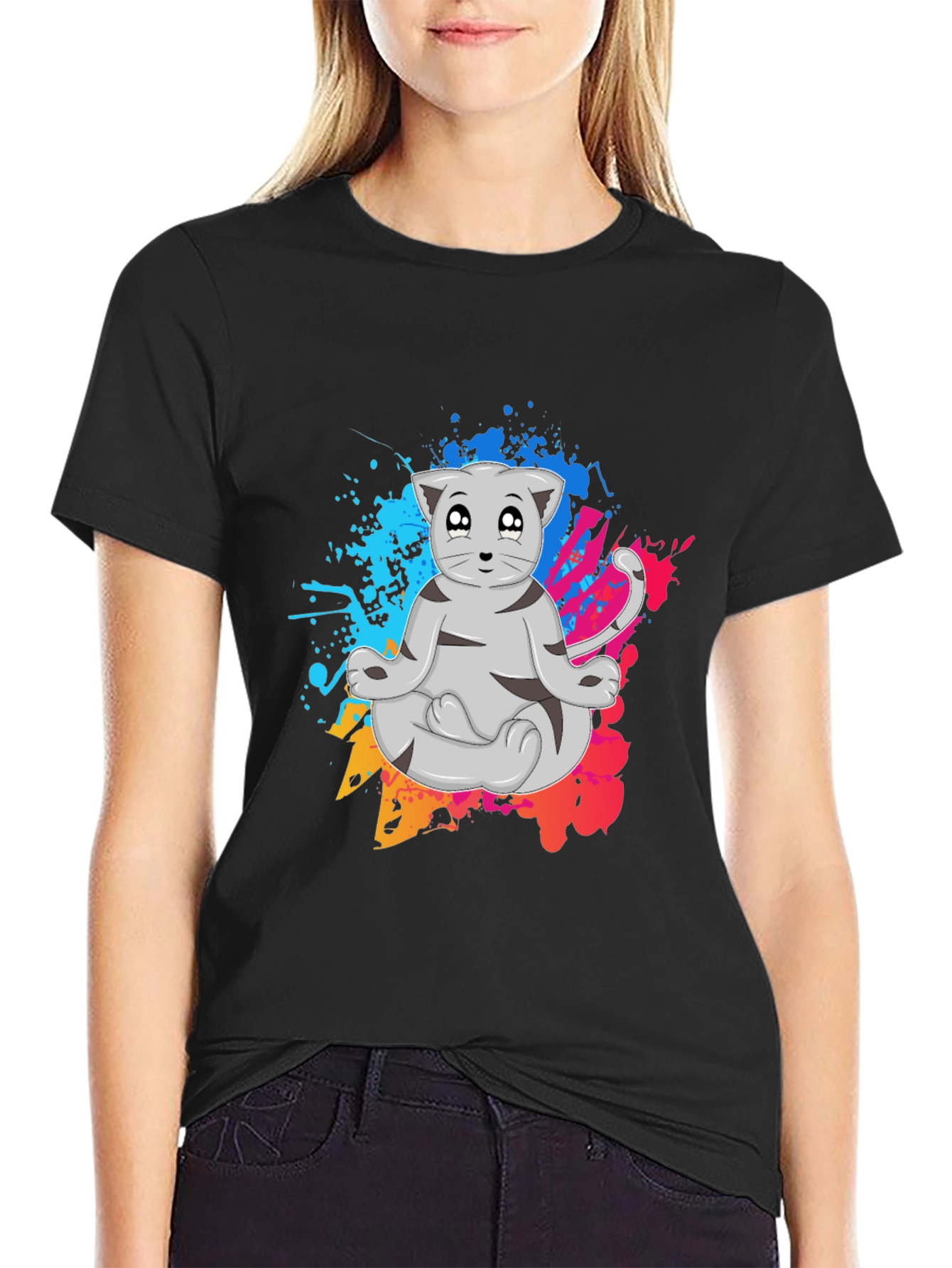 Black Zen Cat T-Shirt - Meditating Feline Tee view 2