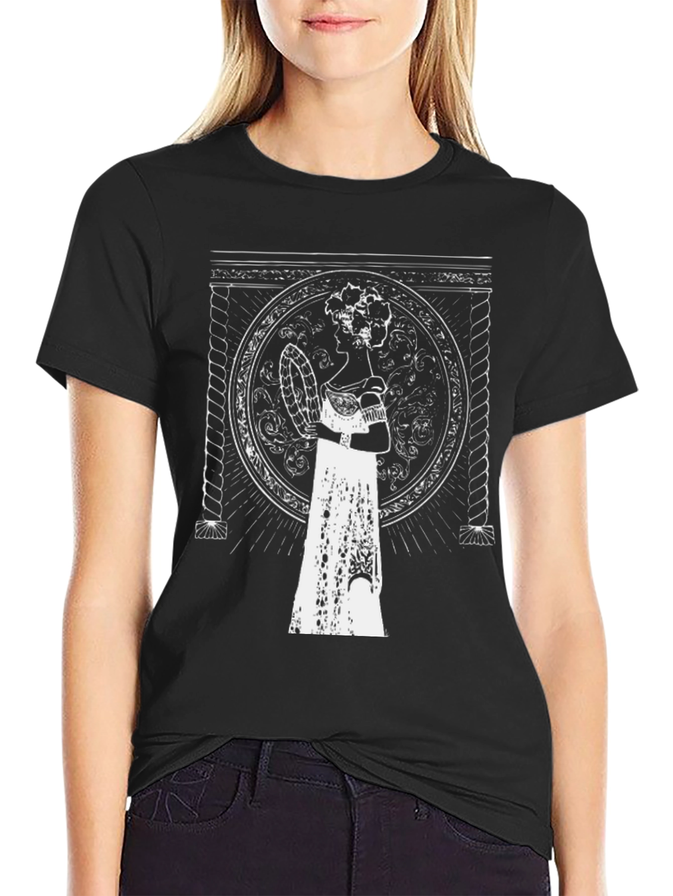 Black Elegant Portrait Tee - Black Graphic T-Shirt view 2