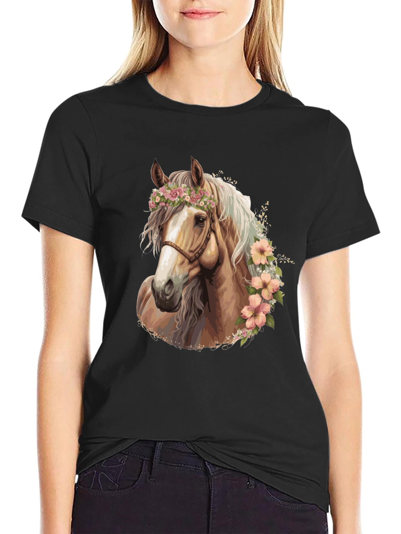 Black Floral Horse Graphic Tee - Stylish Black T-Shirt view 2