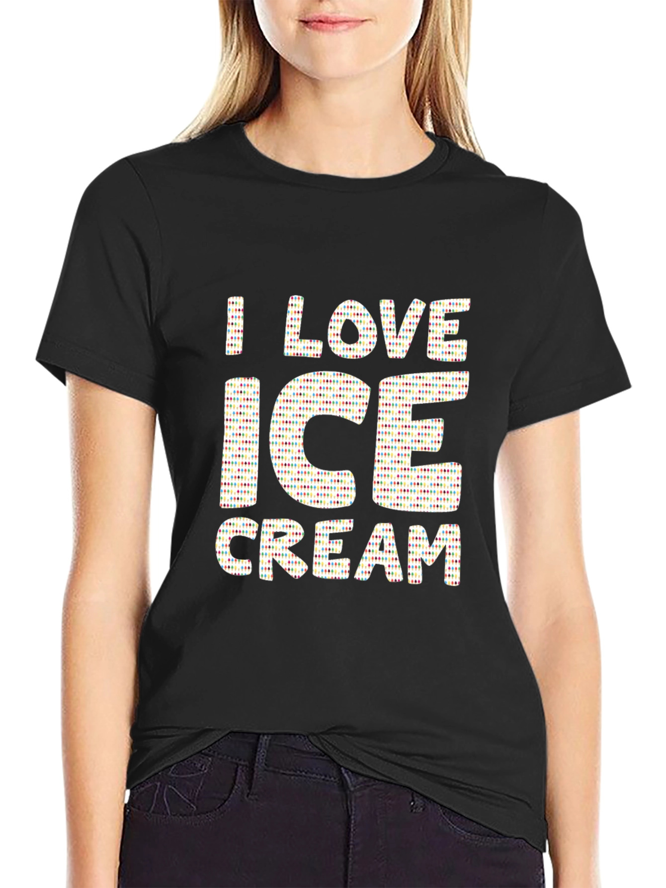 Black I Love Ice Cream Graphic Print Black T-Shirt view 2