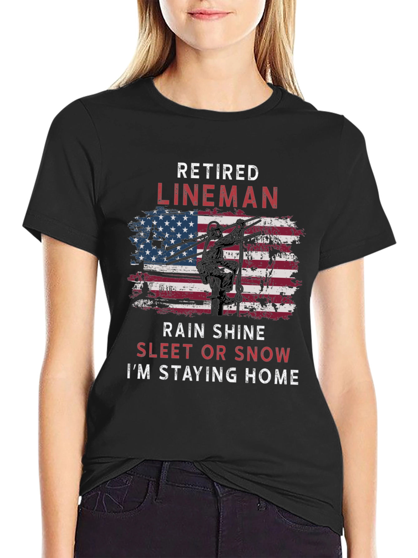 Black Retired Lineman T-Shirt - American Flag Design view 2