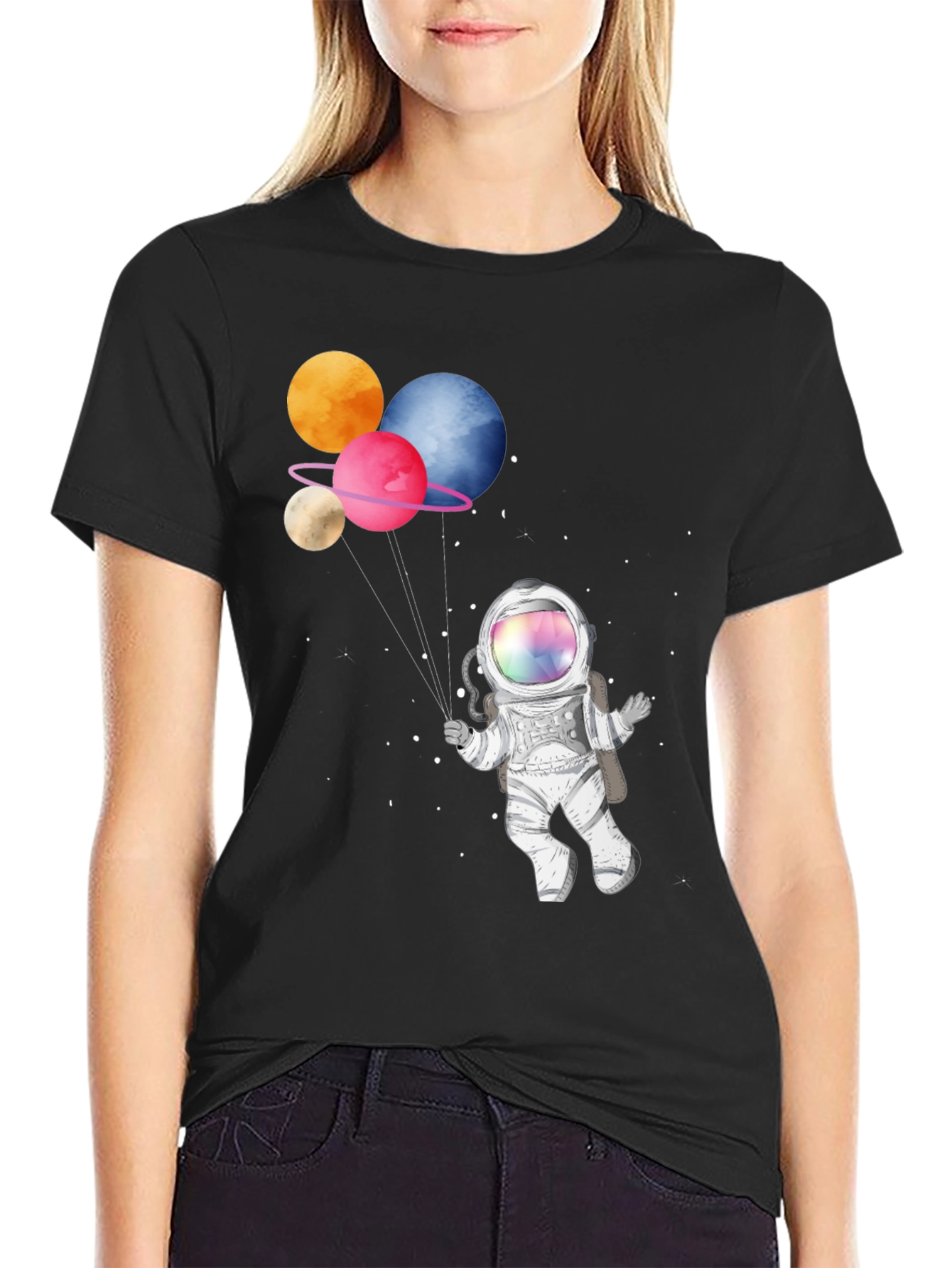 Black Astronaut with Planet Balloons Graphic T-Shirt view 2