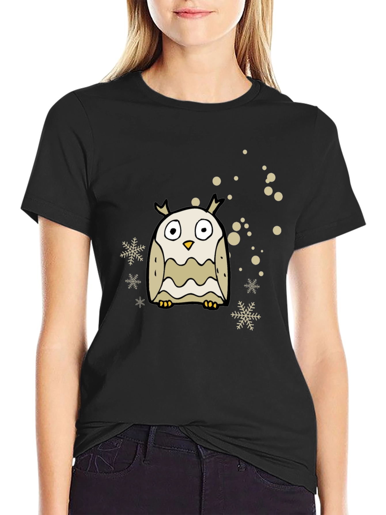 Black Cute Owl Graphic Tee - Black Cotton Blend view 2
