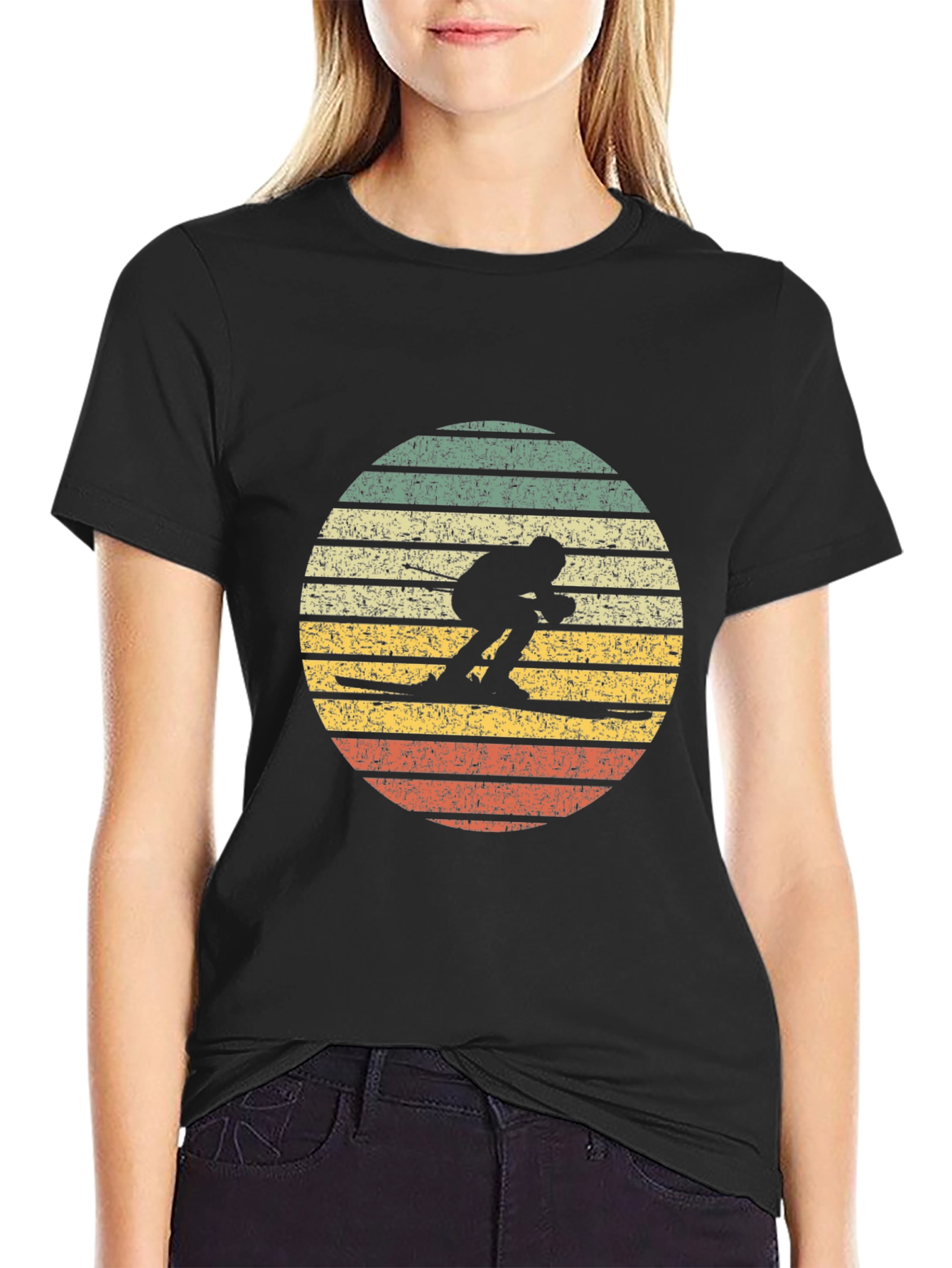 Black Retro Skiing Sunset T-Shirt - Vintage Style view 2