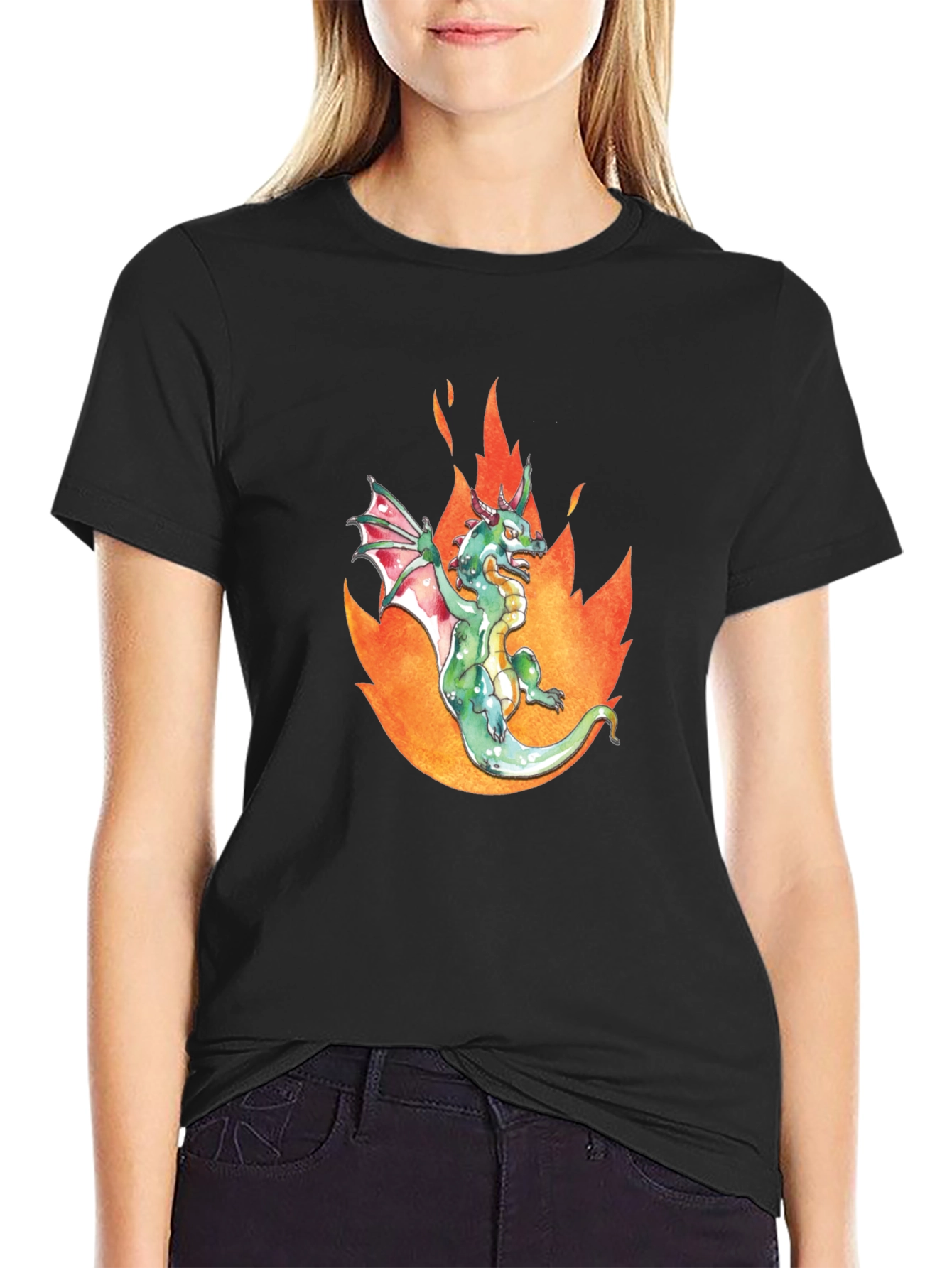 Black Dragon in Flames Graphic Tee - Black Cotton T-Shirt view 2
