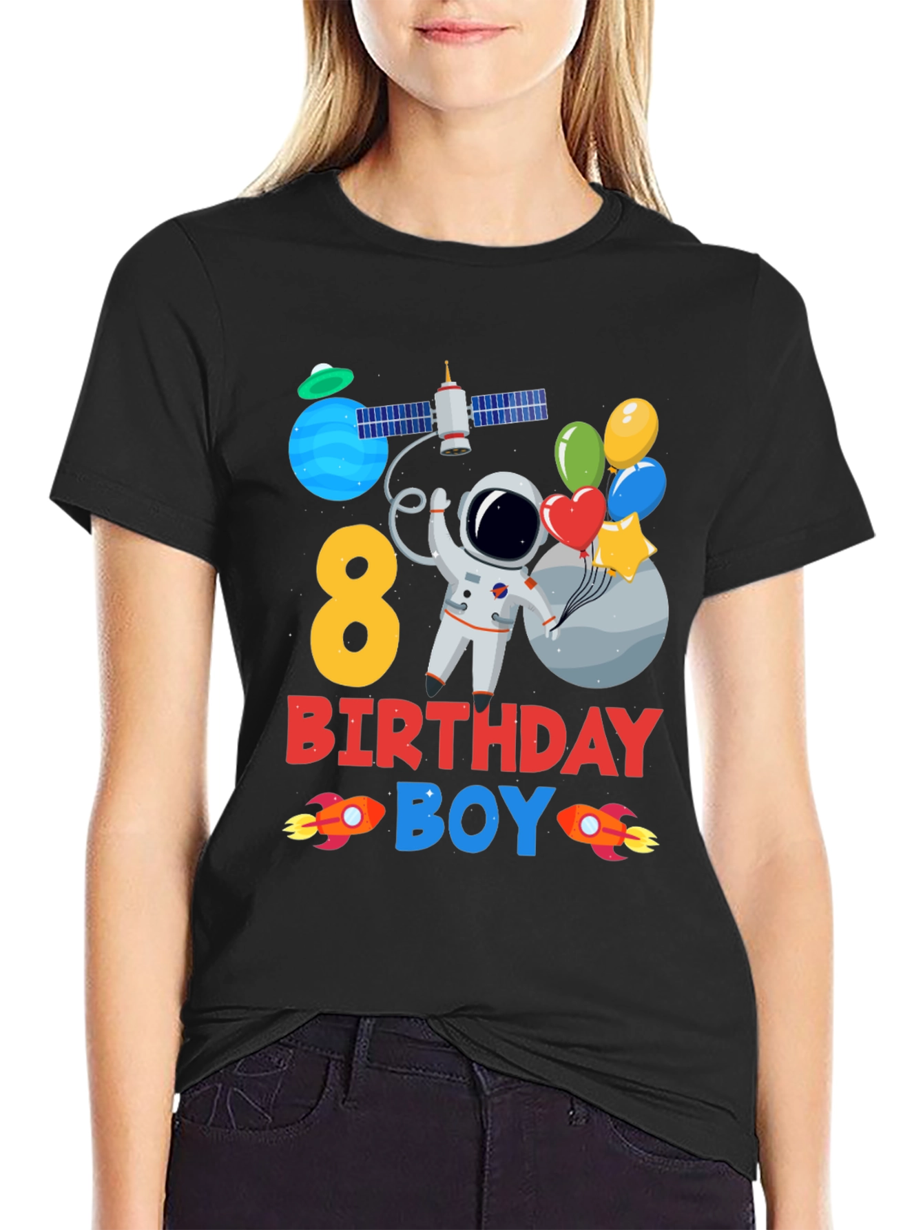 Black 8th Birthday Boy Astronaut T-Shirt view 2