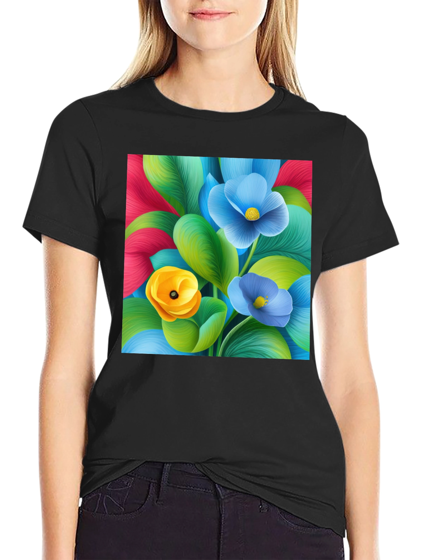 Black Floral Print T-Shirt - Vibrant Colors view 2