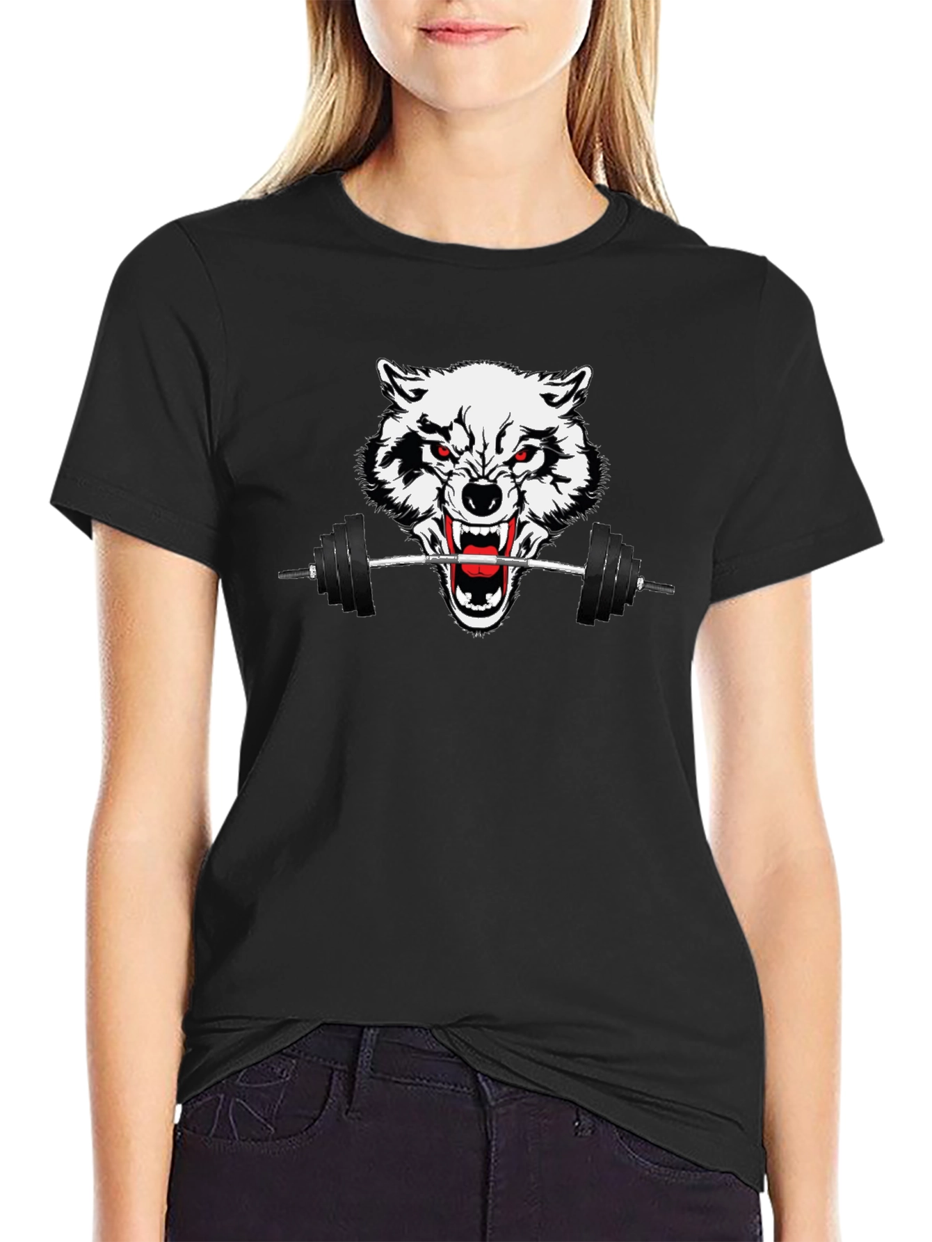 Black Wolf Barbell Graphic Tee - Black Gym Shirt view 2