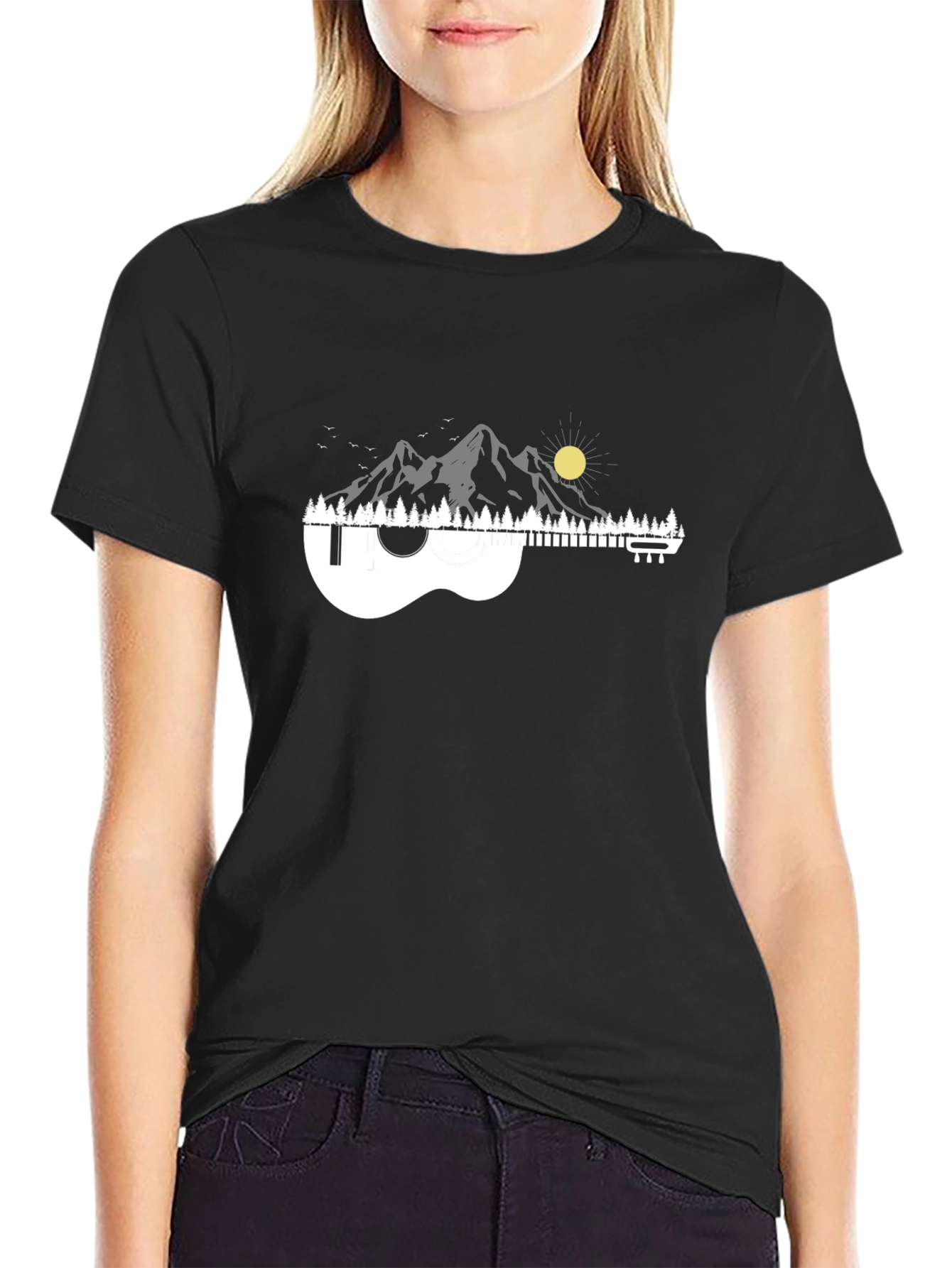 Black Ukulele Mountain Scene Graphic Tee - Black view 2
