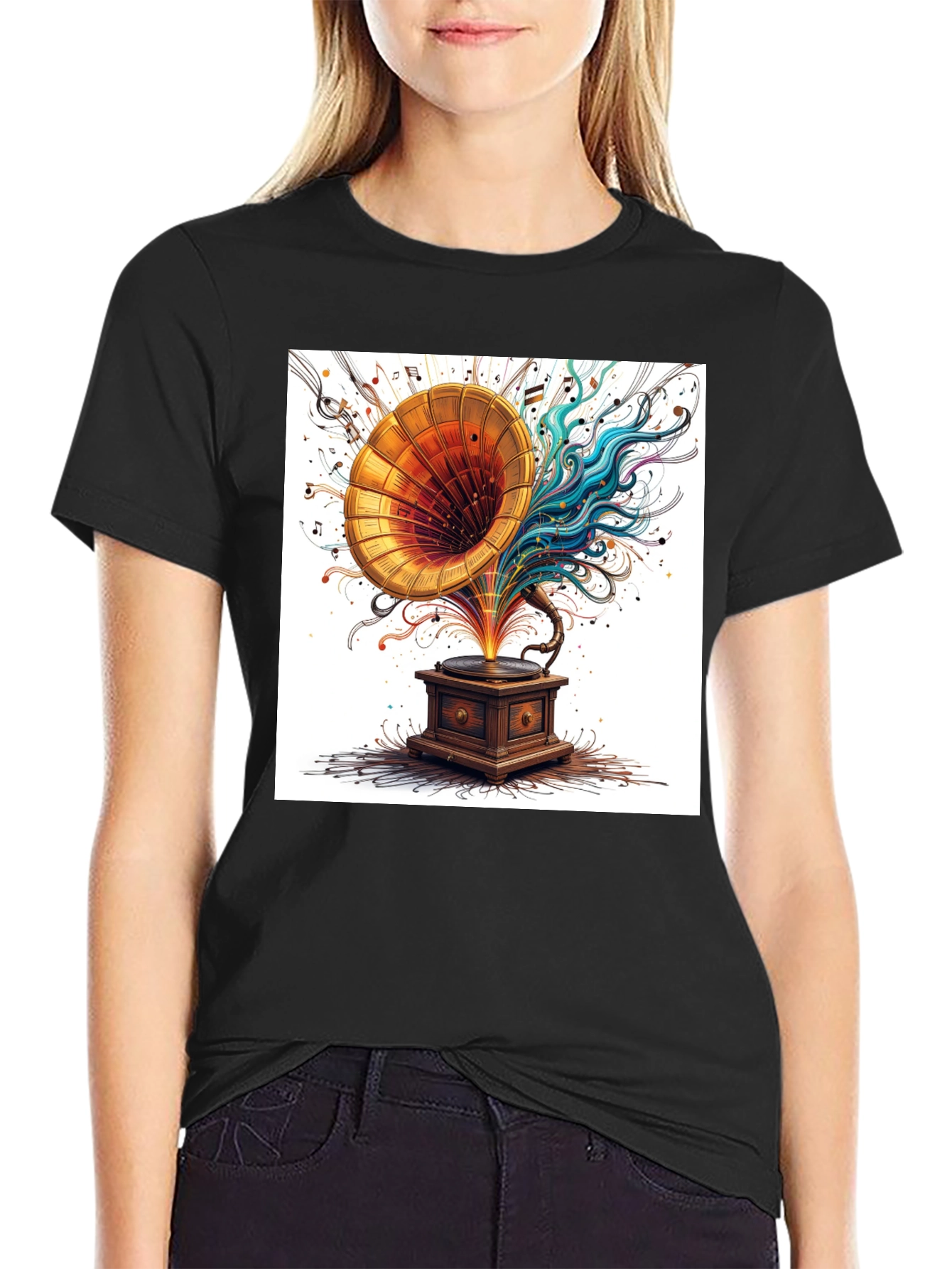 Black Vintage Phonograph Music T-Shirt view 2