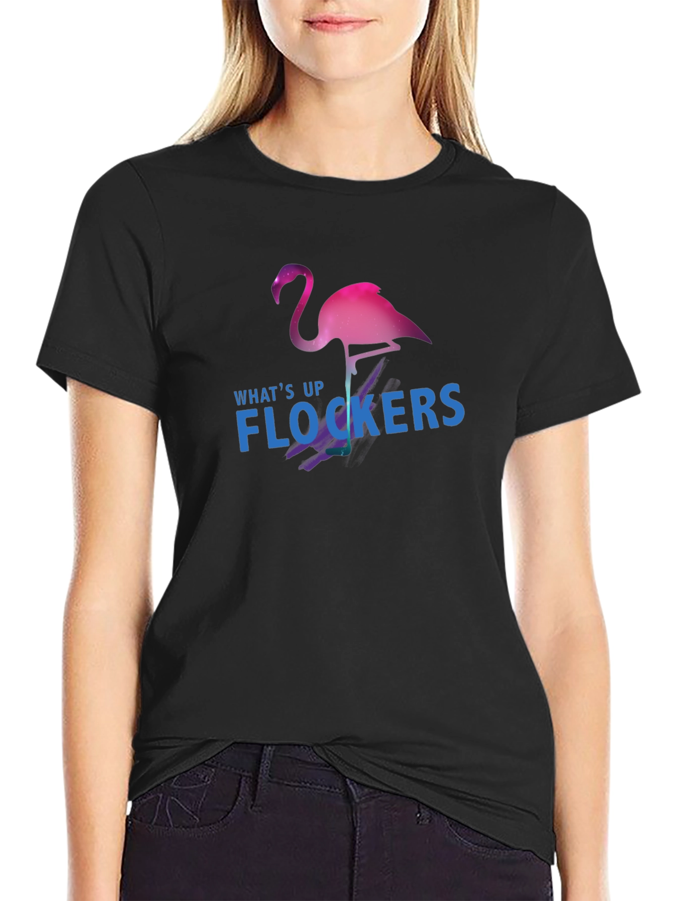 Black What's Up Flockers T-Shirt - Flamingo Graphic Tee view 2