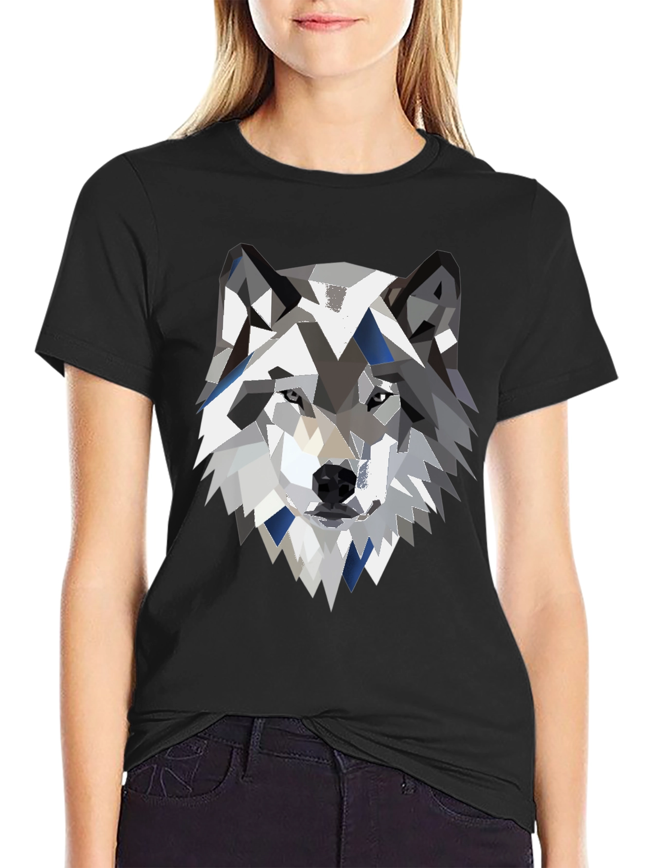 Black Geometric Wolf Graphic Print Black Tee view 2