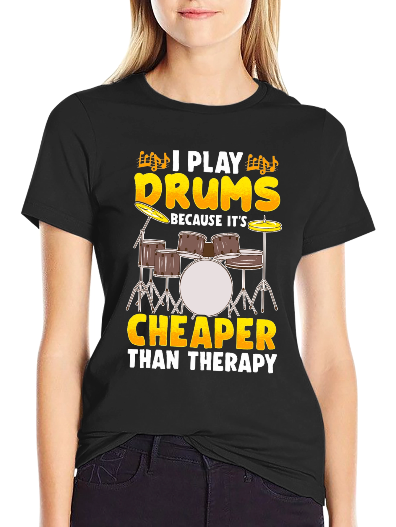 Black Drummer T-Shirt - I Play Drums Because It's Cheaper Than Therapy view 2