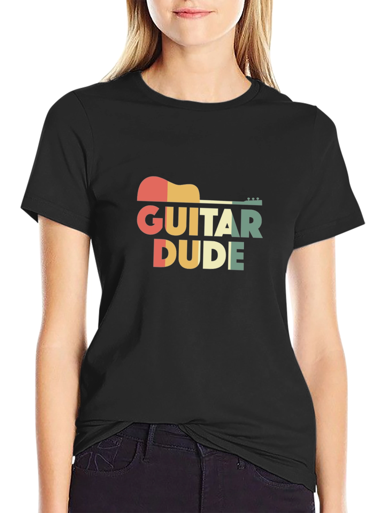 Black Guitar Dude Retro Graphic Tee - Music Lover's T-Shirt view 2