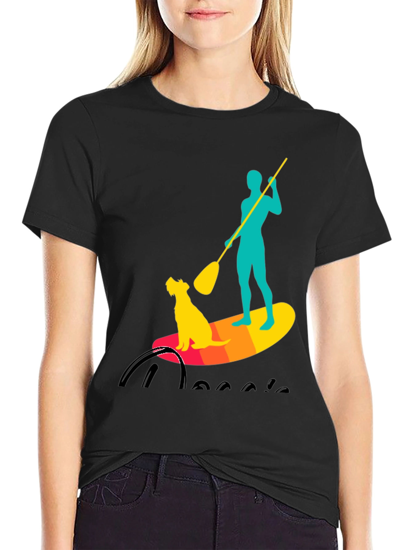 Black Paddle Board Dog T-Shirt - Cool Watersports Tee view 2