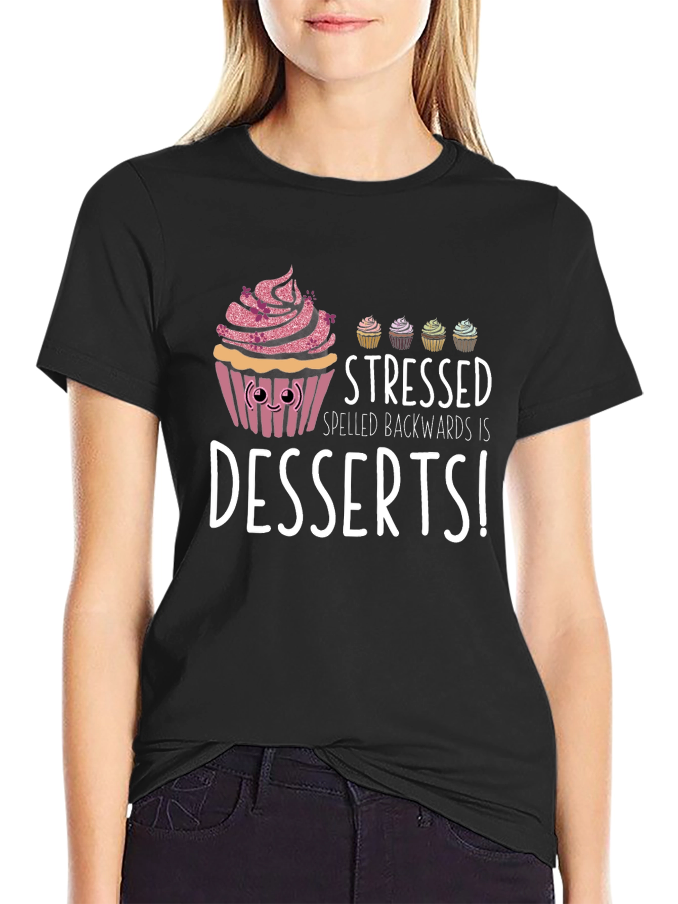 Black Stressed Spelled Backwards Dessert T-Shirt view 2
