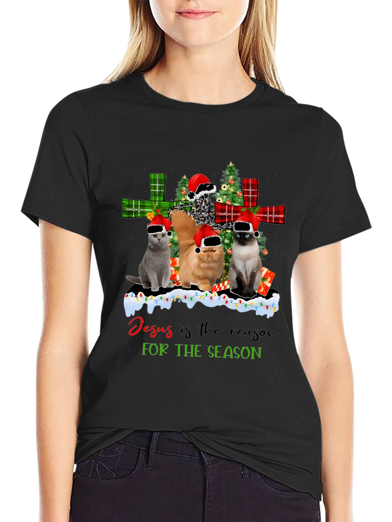 Black Cats Christmas T-Shirt - Jesus is the Reason view 2