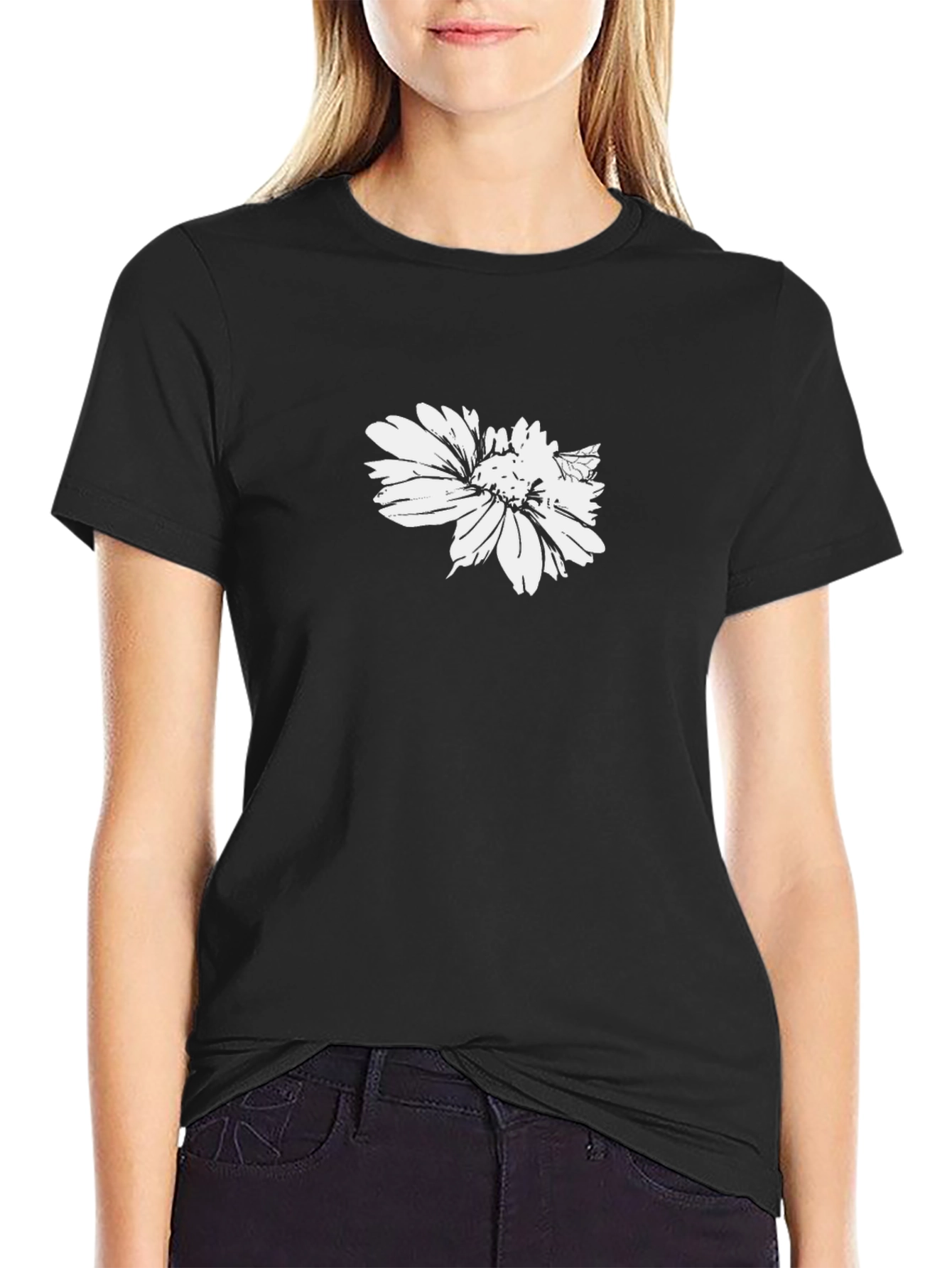 Black Black T-Shirt with White Flower Graphic view 2