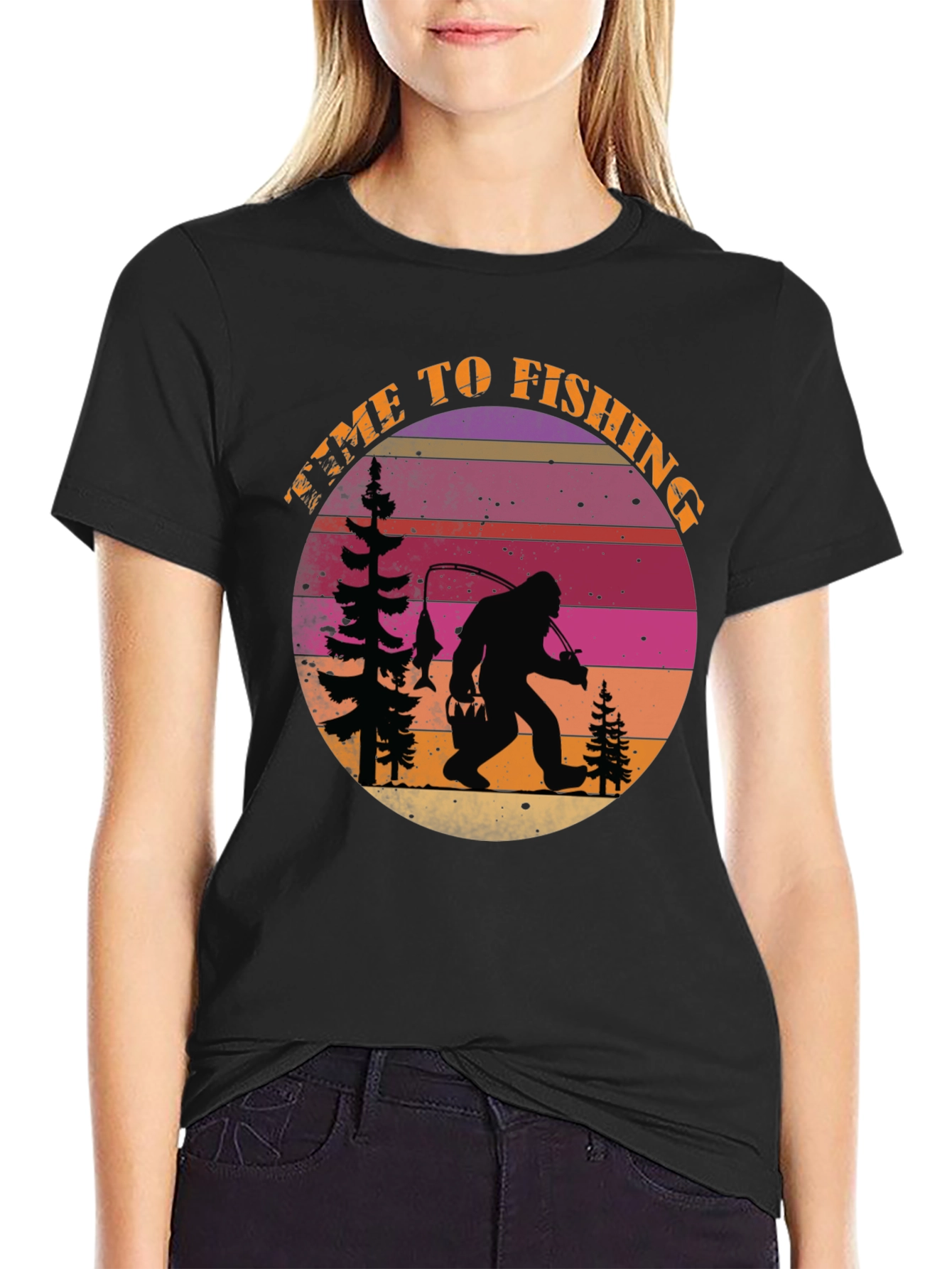Black Time To Fishing Bigfoot T-Shirt view 2